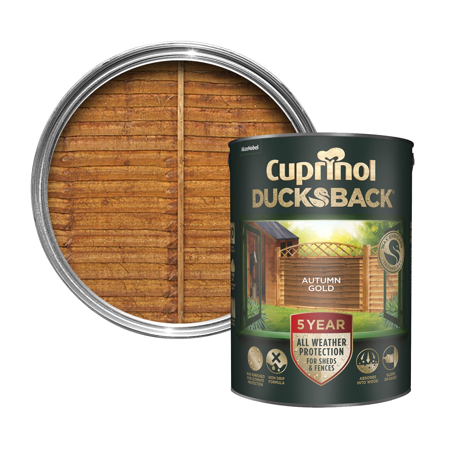 Cuprinol Ducksback Autumn gold Multi-surface Exterior Shed & fence Treatment Wood paint, 5L Tin