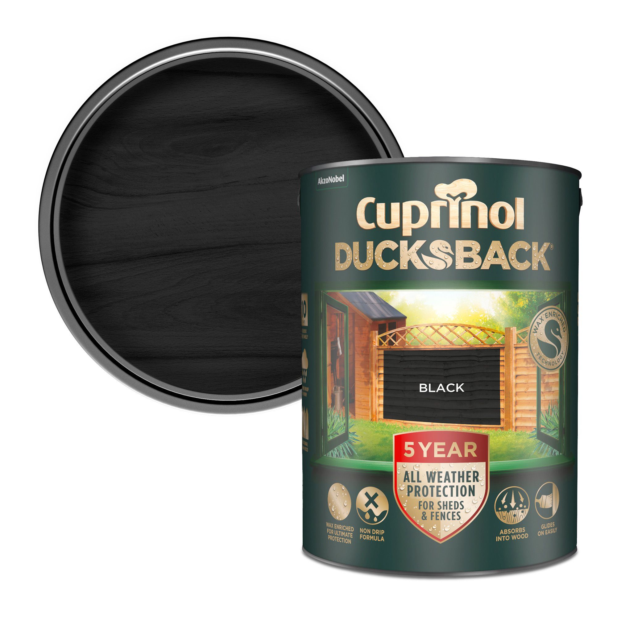 Cuprinol Ducksback Black Matt Multi-surface Exterior Shed & fence Treatment Wood paint, 5L Tin