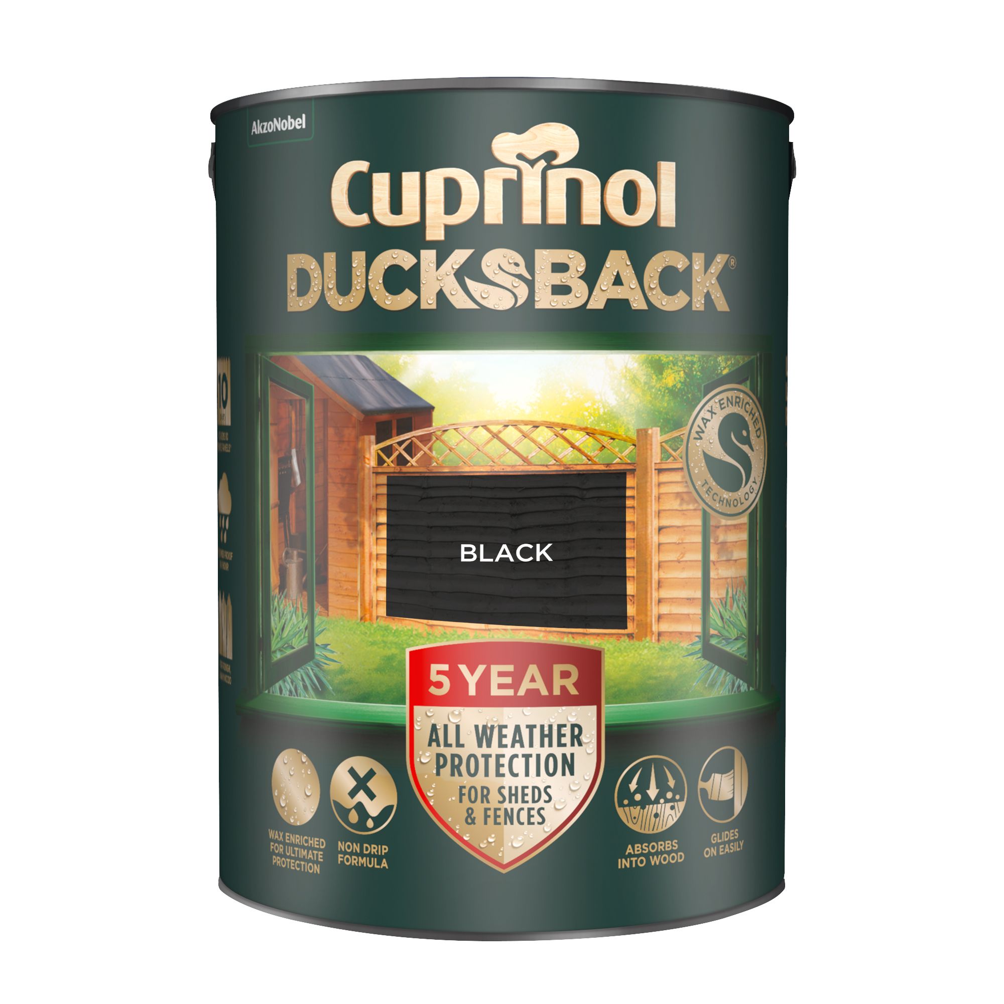 Cuprinol Ducksback Black Matt Multi-surface Exterior Shed & fence Treatment Wood paint, 5L Tin