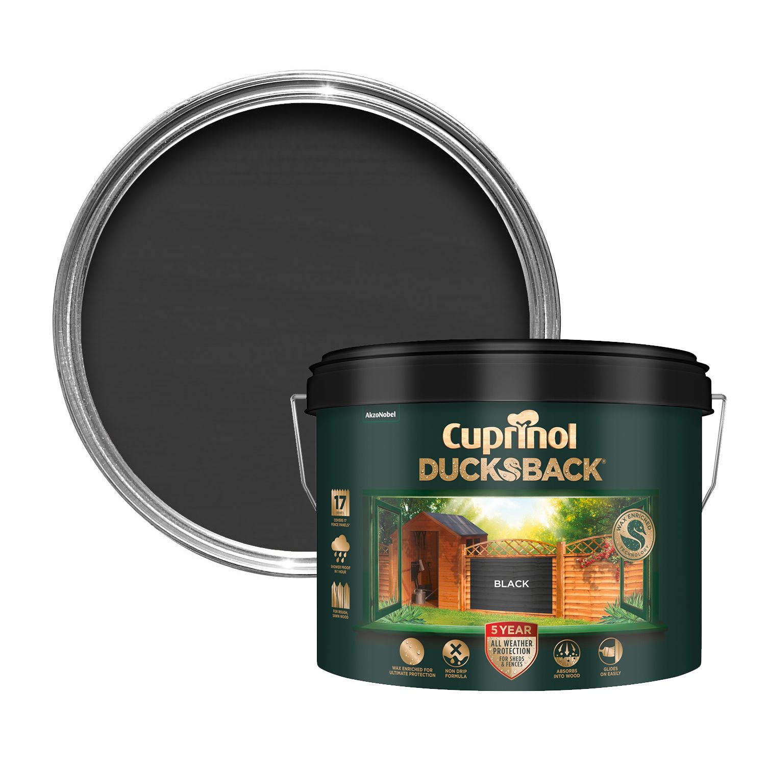 Cuprinol Ducksback Black Matt Multi-surface Exterior Shed & fence Treatment Wood paint, 9L Tin