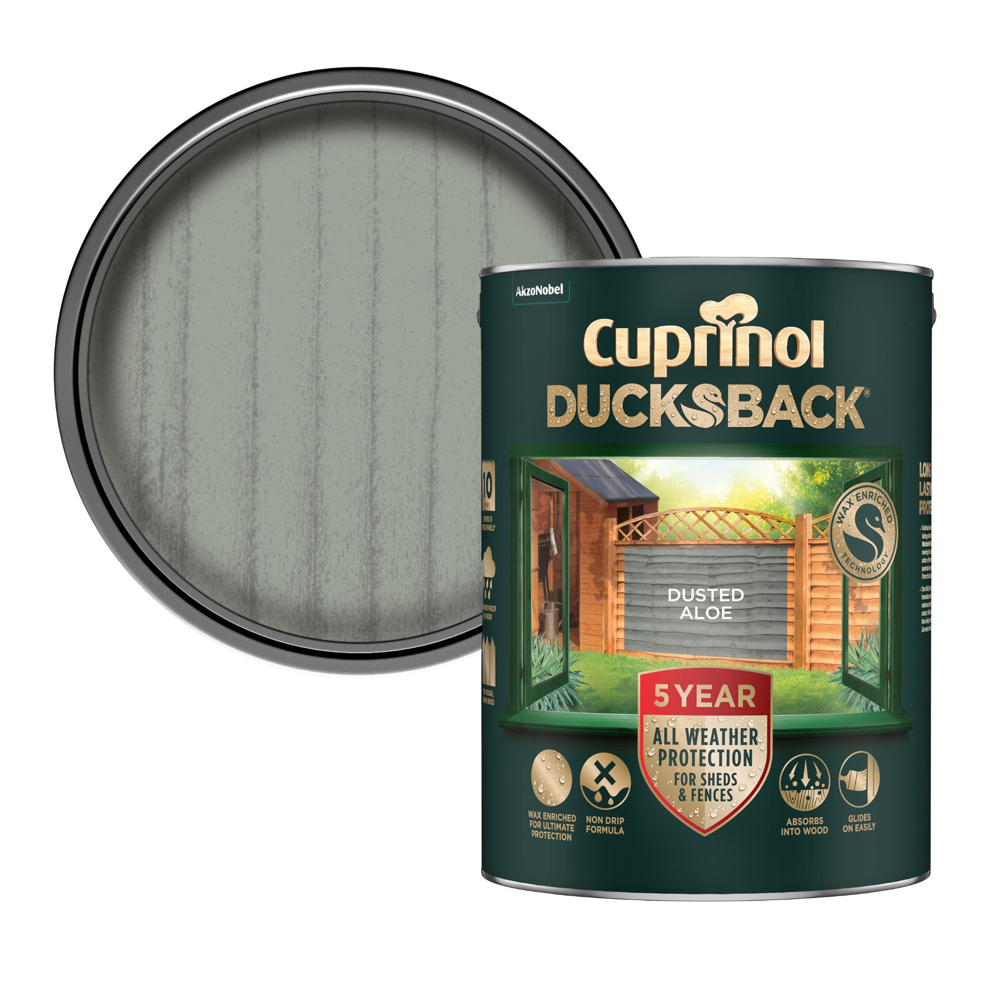 Cuprinol Ducksback Dusted Aloe Matt Exterior Shed & fence Preserver Wood paint, 5L Tin