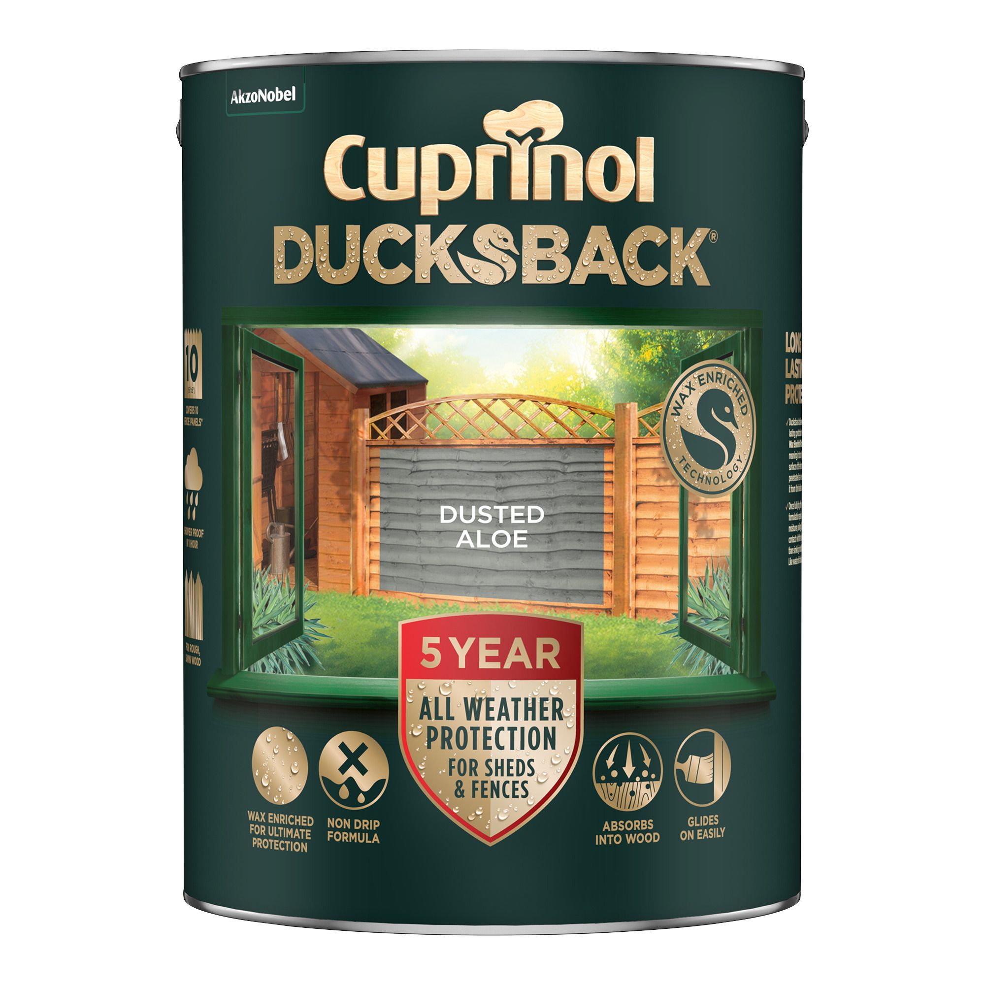 Cuprinol Ducksback Dusted Aloe Matt Exterior Shed & fence Preserver Wood paint, 5L Tin
