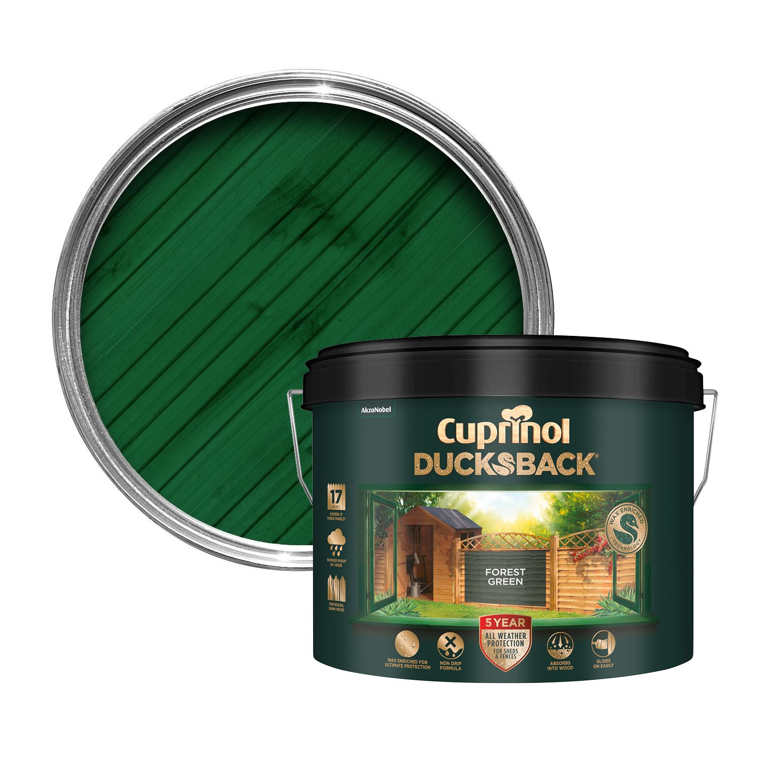 Cuprinol Ducksback Forest green Multi-surface Exterior Shed & fence Treatment Wood paint, 9L Tin