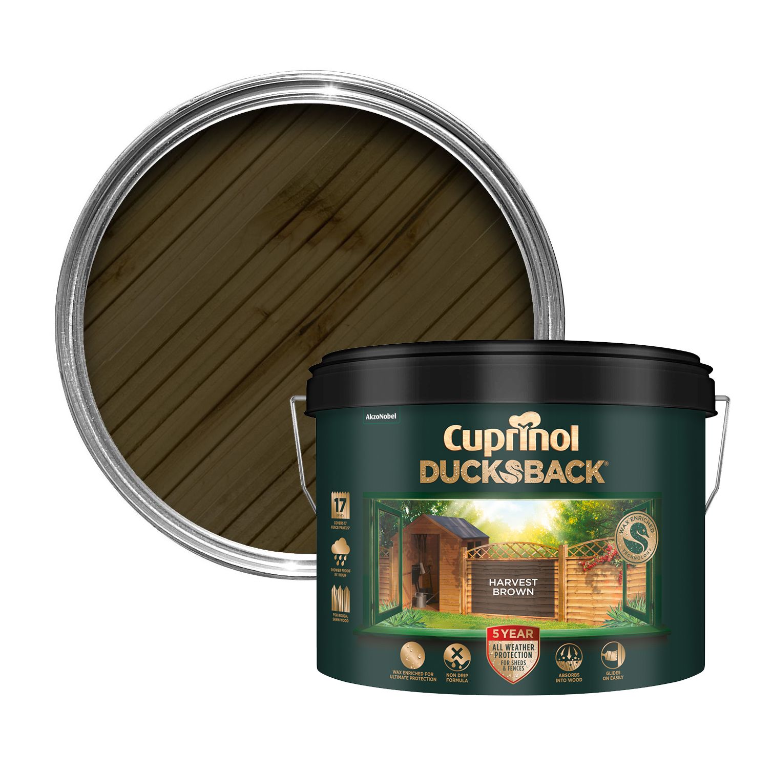 Cuprinol Ducksback Harvest brown Multi-surface Exterior Shed & fence Treatment Wood paint, 9L Tin