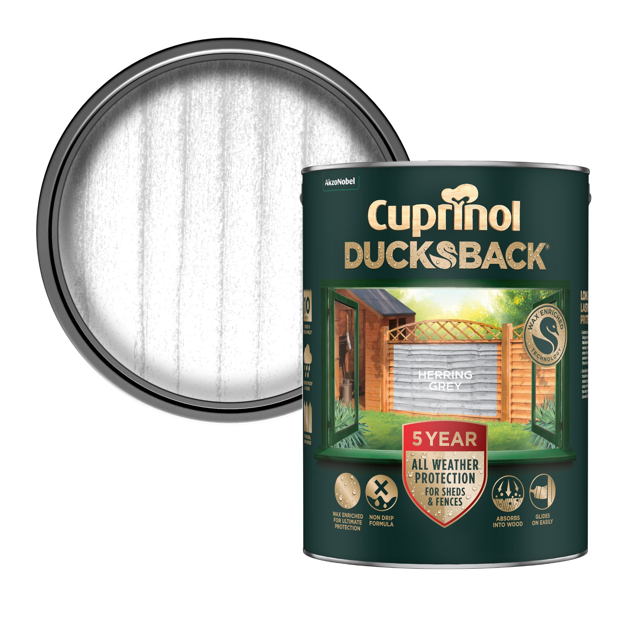 Cuprinol Ducksback Herring Grey Matt Exterior Arbours, fencing, gates, sheds & summerhouses Preserver Wood paint, 5L Tin