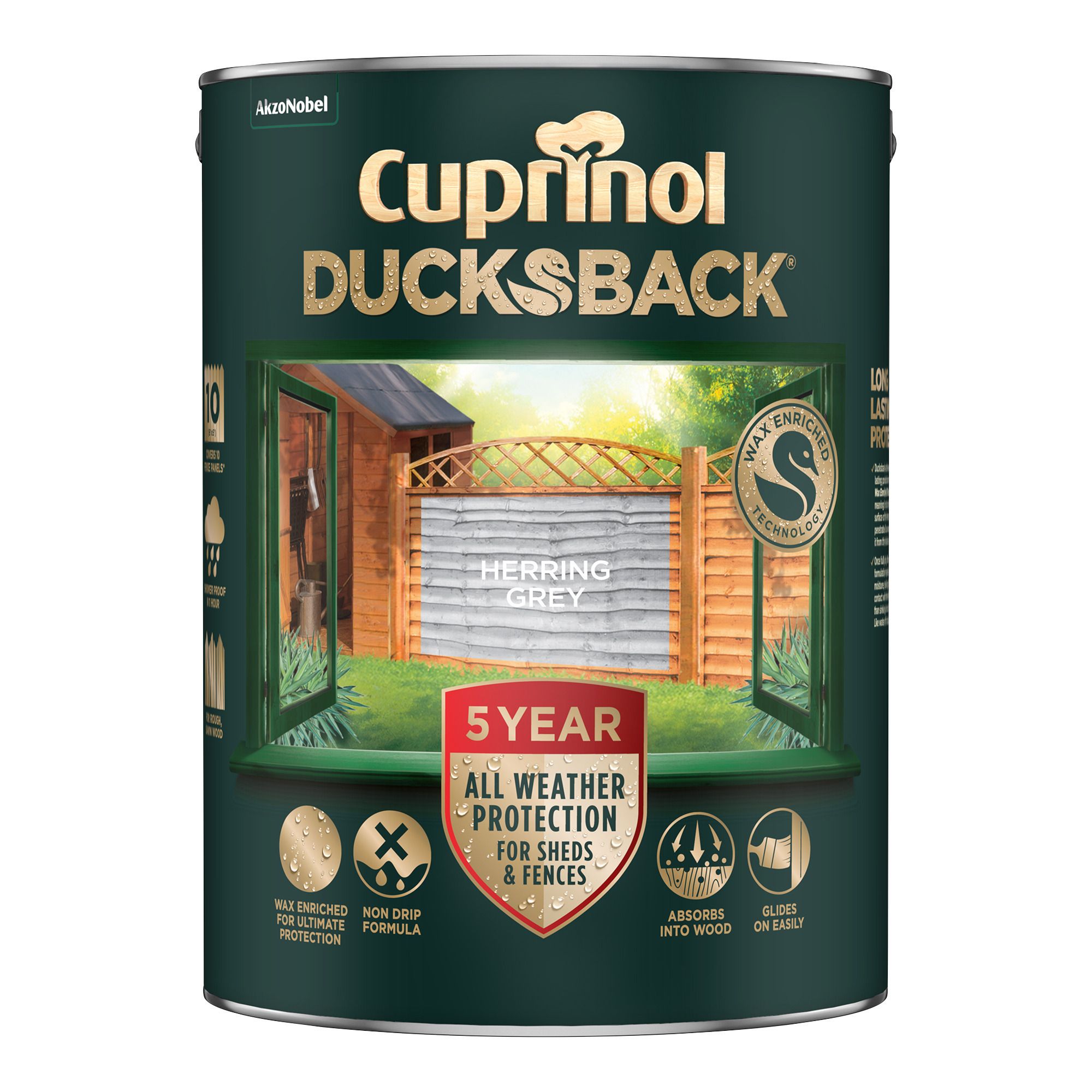 Cuprinol Ducksback Herring Grey Matt Exterior Arbours, fencing, gates, sheds & summerhouses Preserver Wood paint, 5L Tin