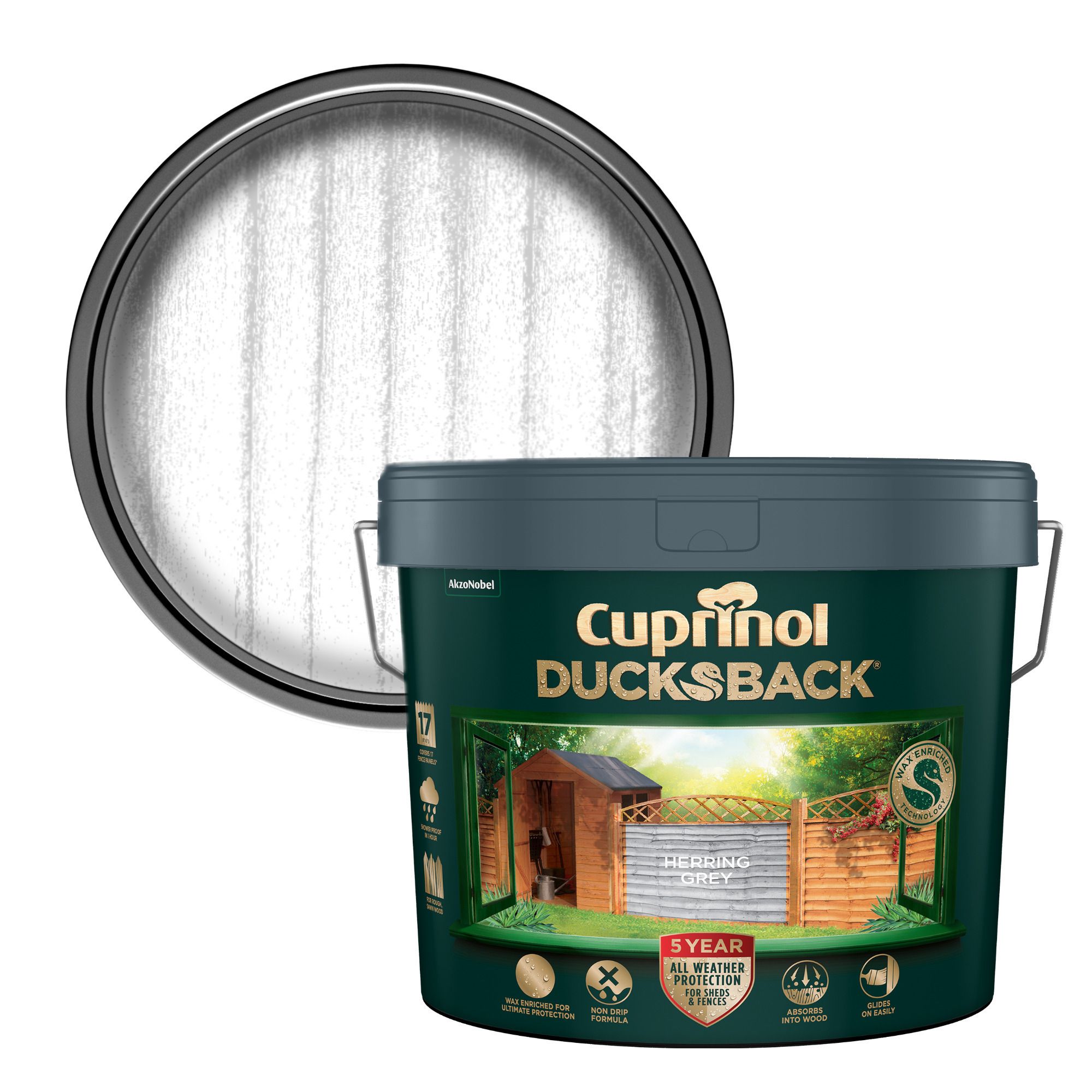 Cuprinol Ducksback Herring Grey Matt Exterior Shed & fence Preserver Wood paint, 9L Tin
