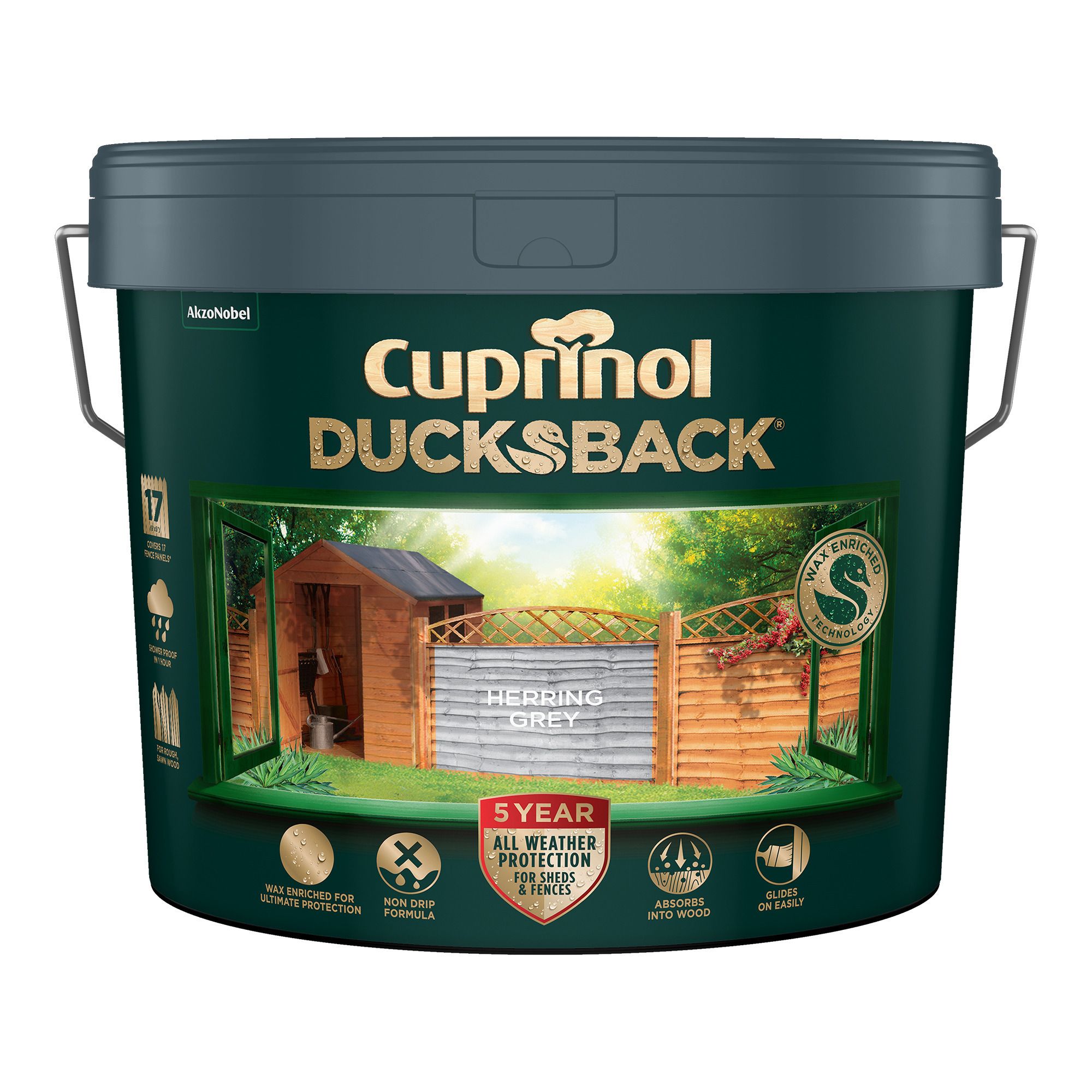 Cuprinol Ducksback Herring Grey Matt Exterior Shed & fence Preserver Wood paint, 9L Tin
