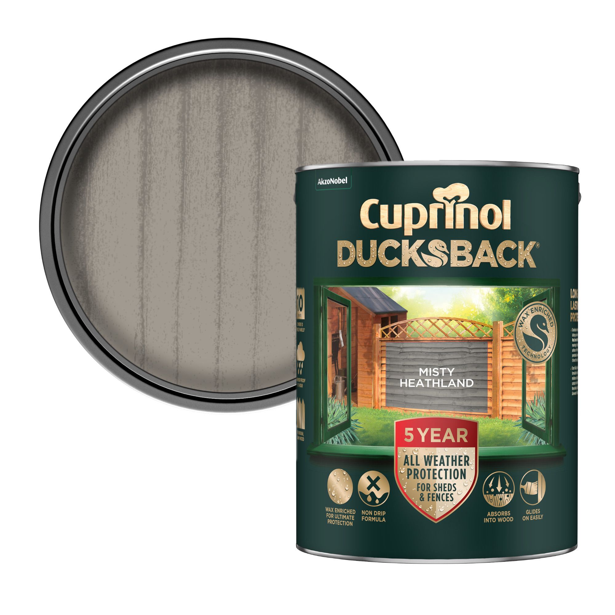 Cuprinol Ducksback Misty Heathland Matt Exterior Arbours, fencing, gates, sheds & summerhouses Preserver Wood paint, 5L Tin