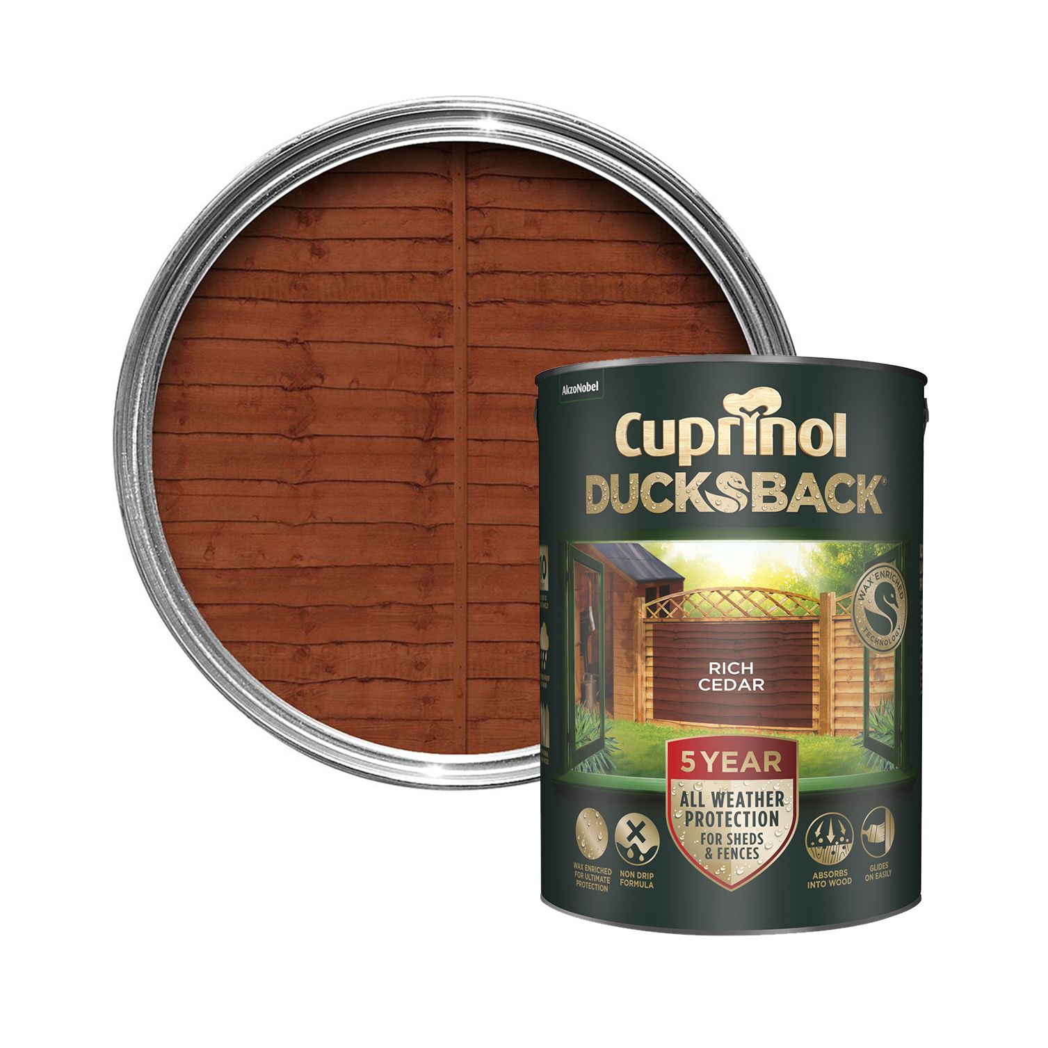 Cuprinol Ducksback Rich cedar Multi-surface Exterior Shed & fence Treatment Wood paint, 5L Tin