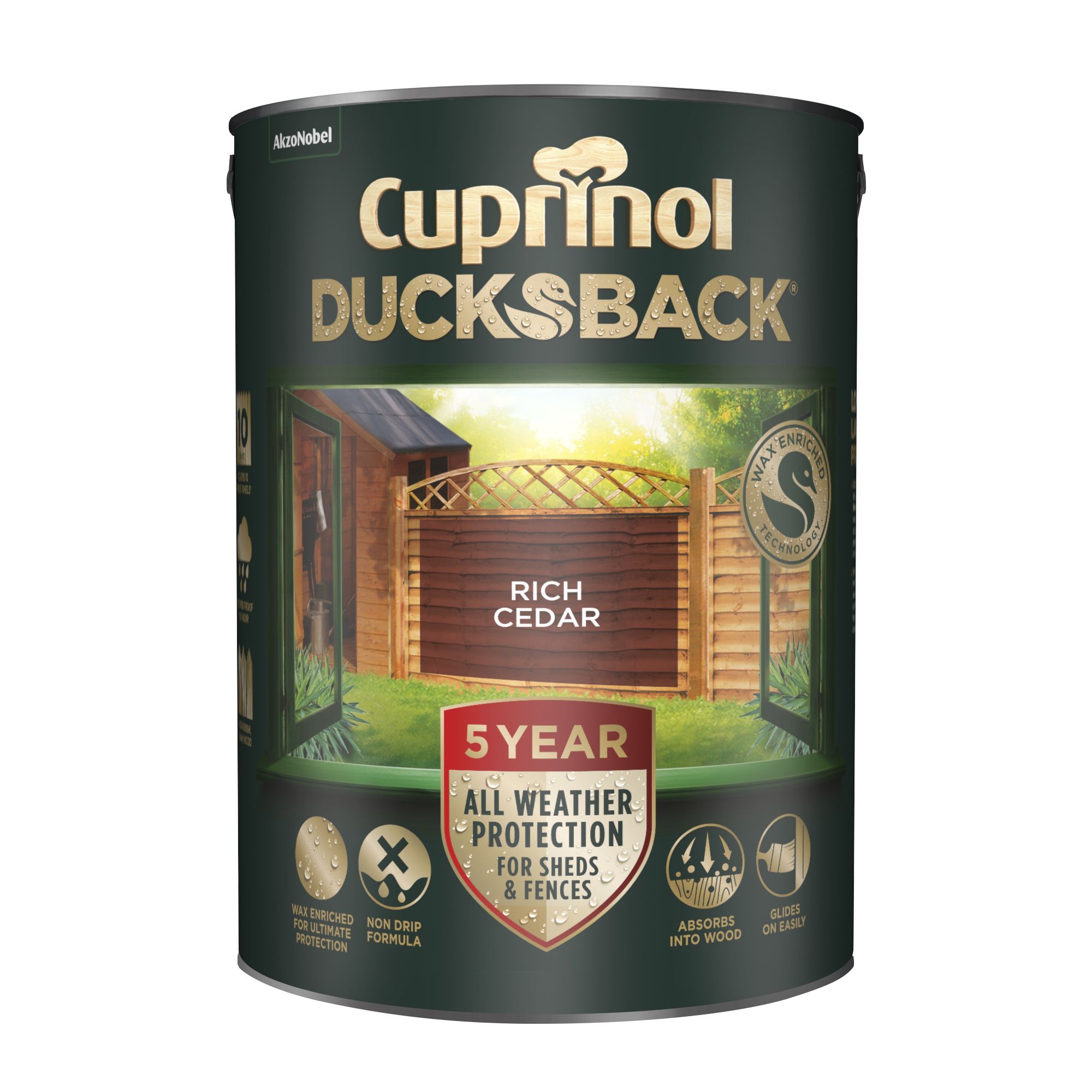 Cuprinol Ducksback Rich cedar Multi-surface Exterior Shed & fence Treatment Wood paint, 5L Tin