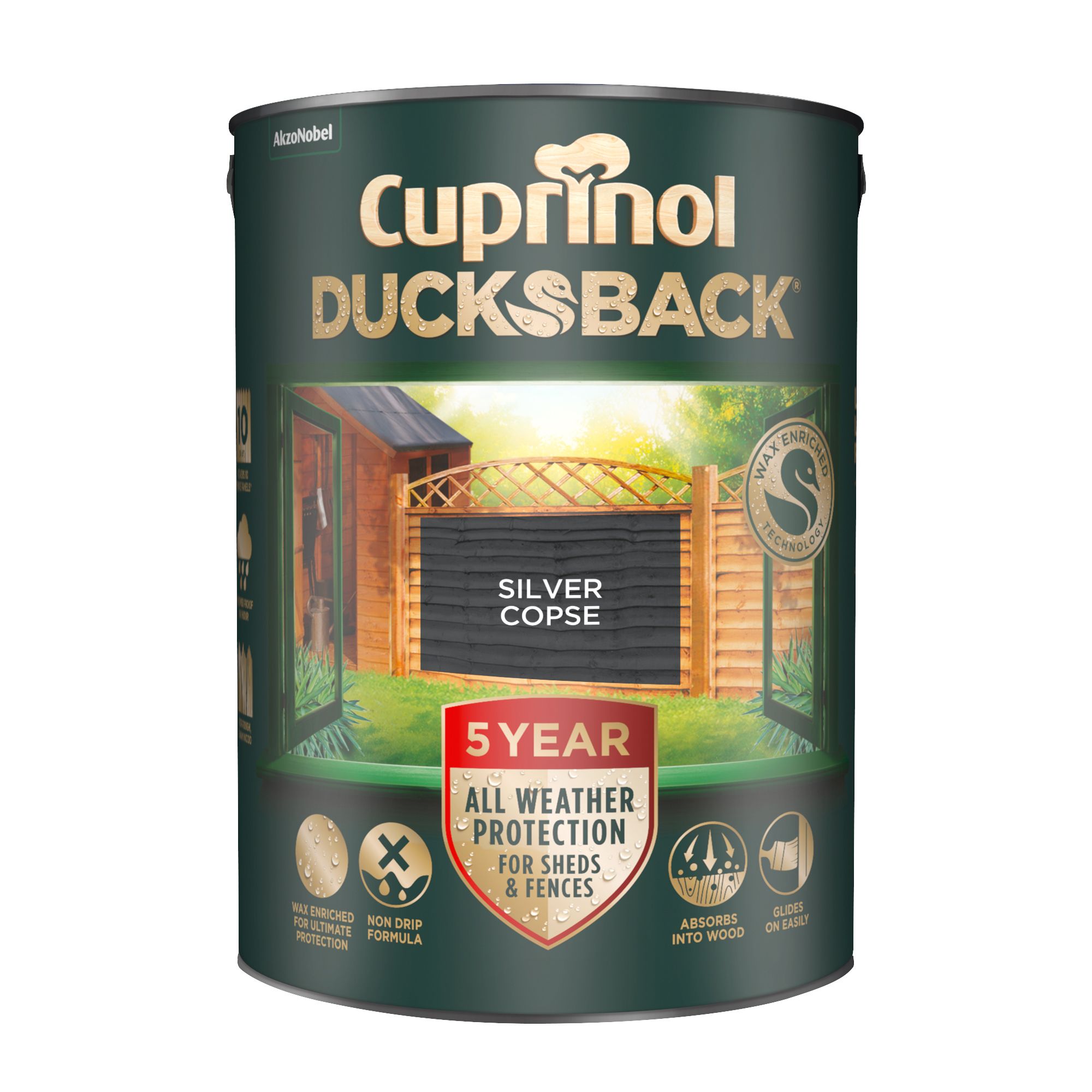Cuprinol Ducksback Silver Copse Matt Exterior Fence & shed Treatment Wood paint, 5L Tin
