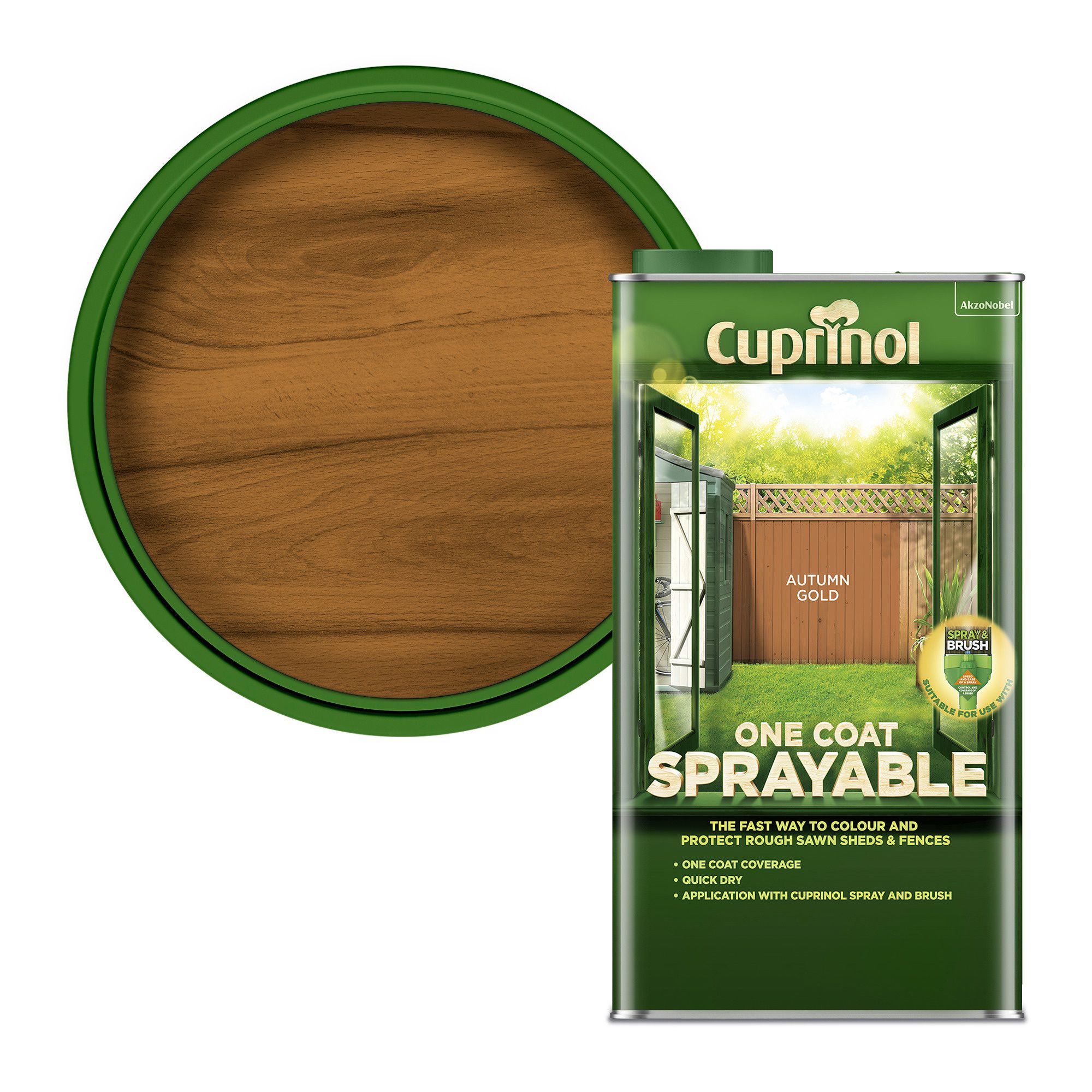 Cuprinol One Coat Sprayable Autumn gold Matt Exterior Shed & fence Treatment Wood paint, 5L