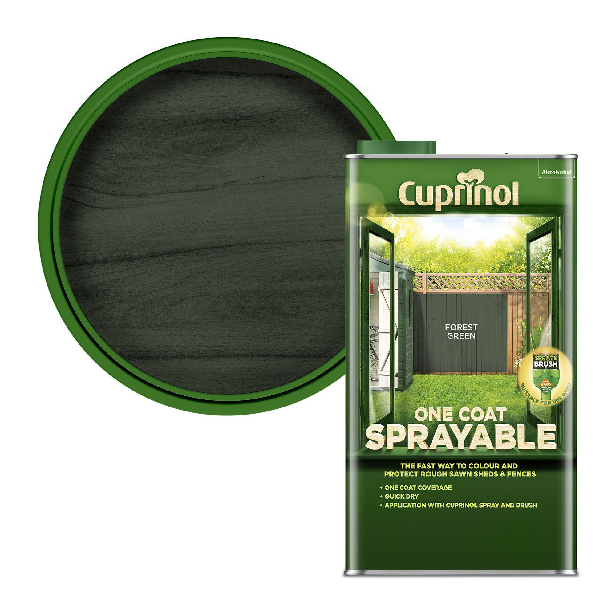 Cuprinol One coat sprayable Forest green Matt Exterior Fence & shed Treatment Wood paint, 5L