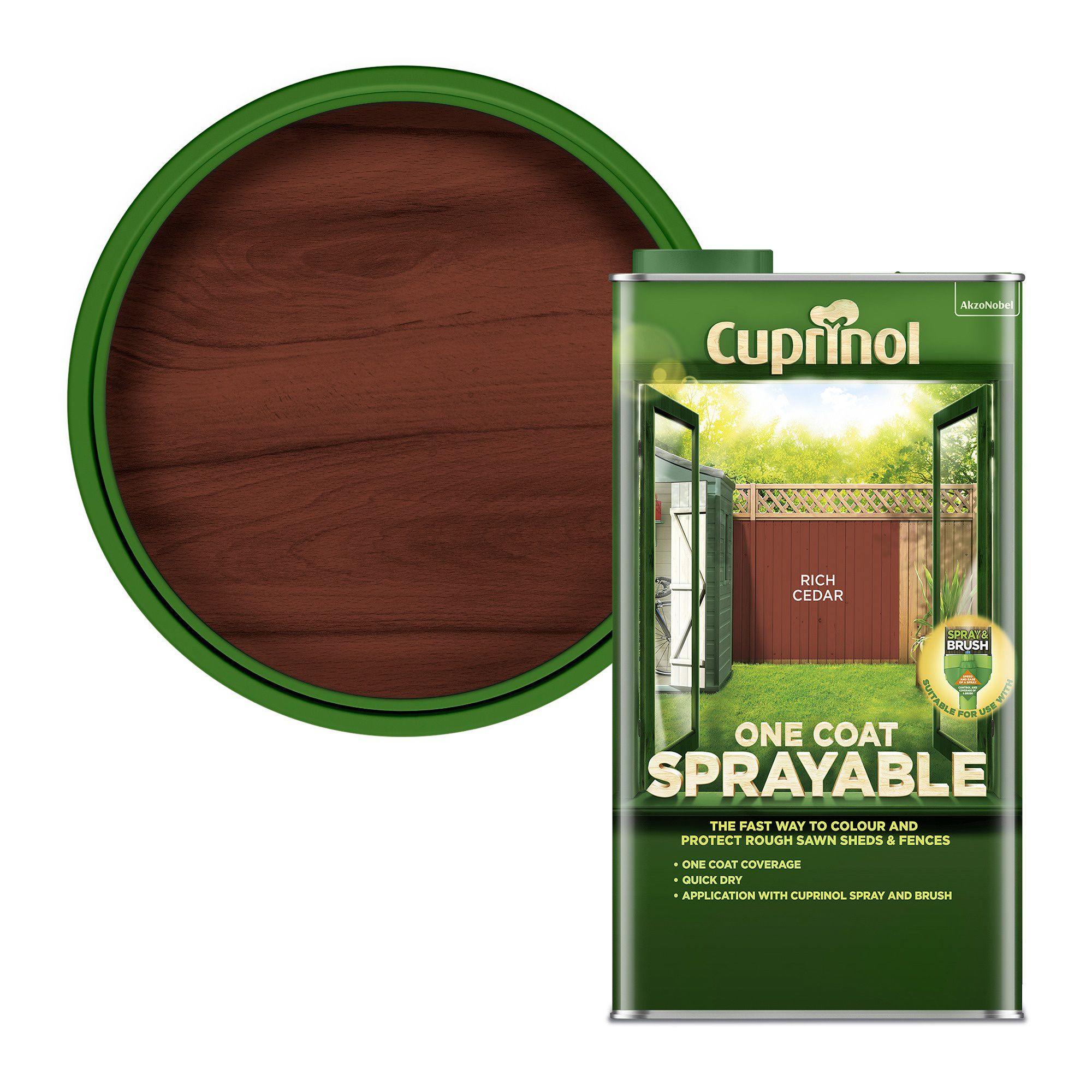 Cuprinol One coat sprayable Rich cedar Matt Exterior Fence & shed Treatment Wood paint, 5L