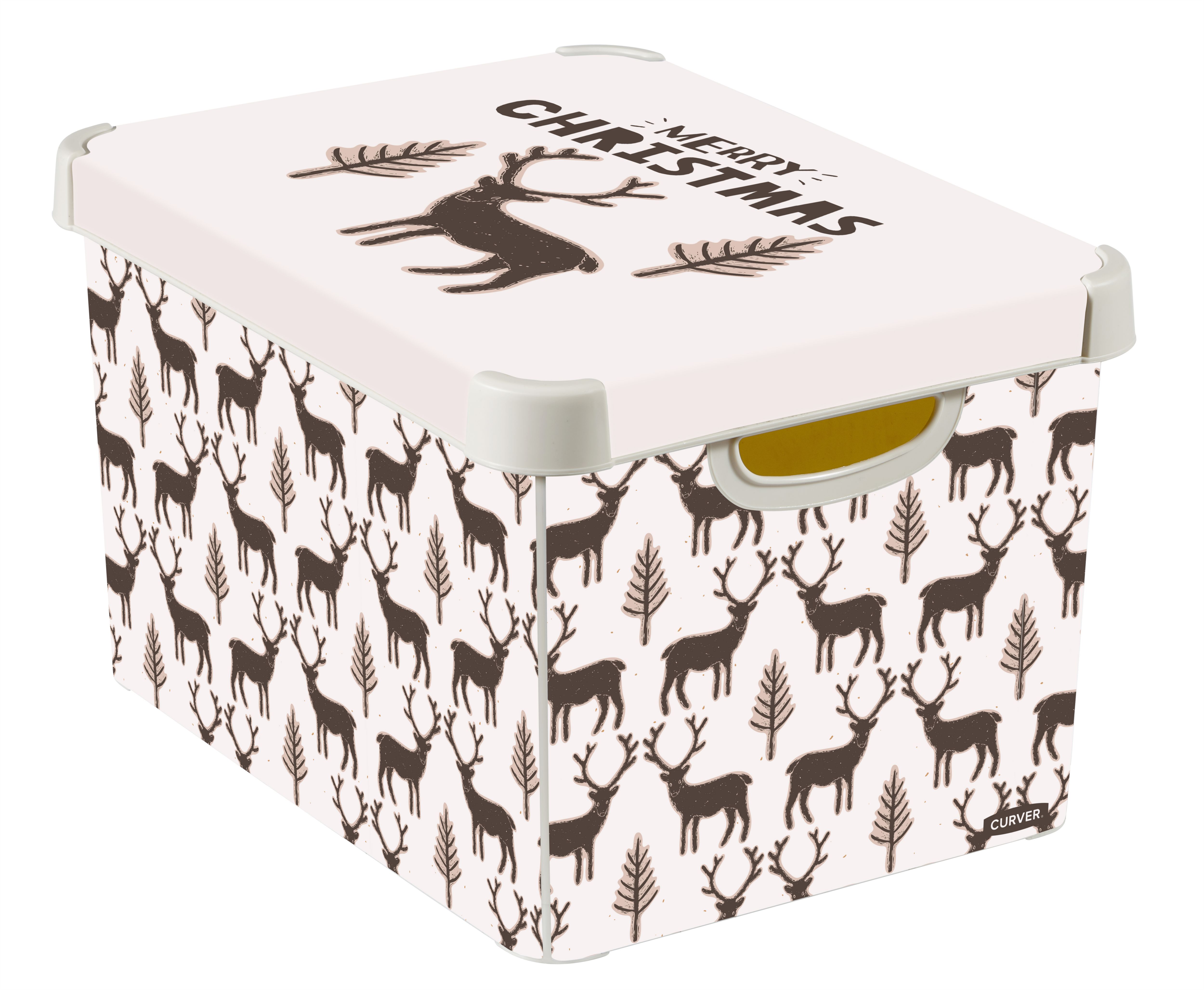 Curver Deco box Cream & Brown Reindeer 22L Large Plastic Stackable Storage box & Lid