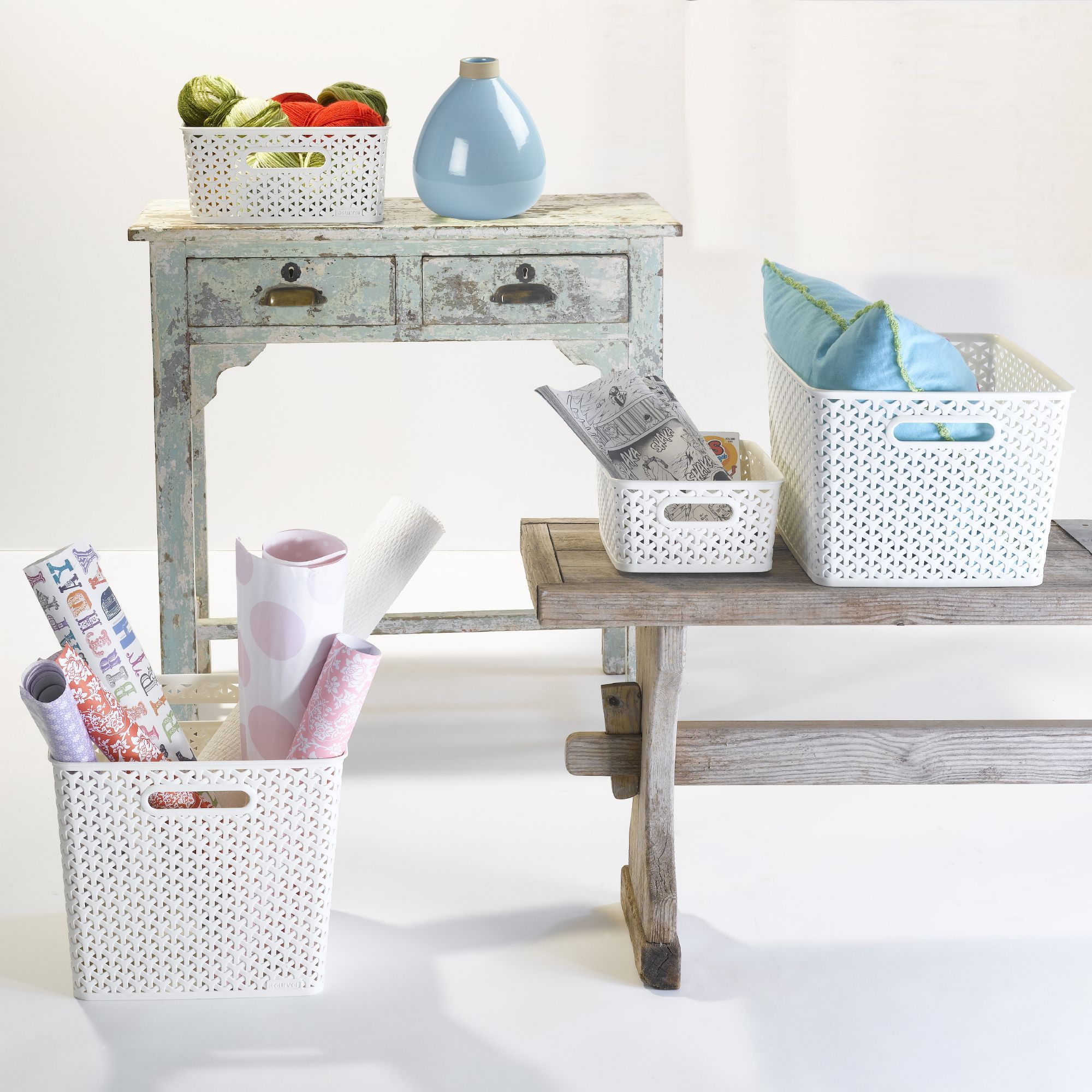 Curver My style Rattan Effect White rattan effect Plastic Large Stackable Storage basket (H)22cm (W)30cm (D)22cm