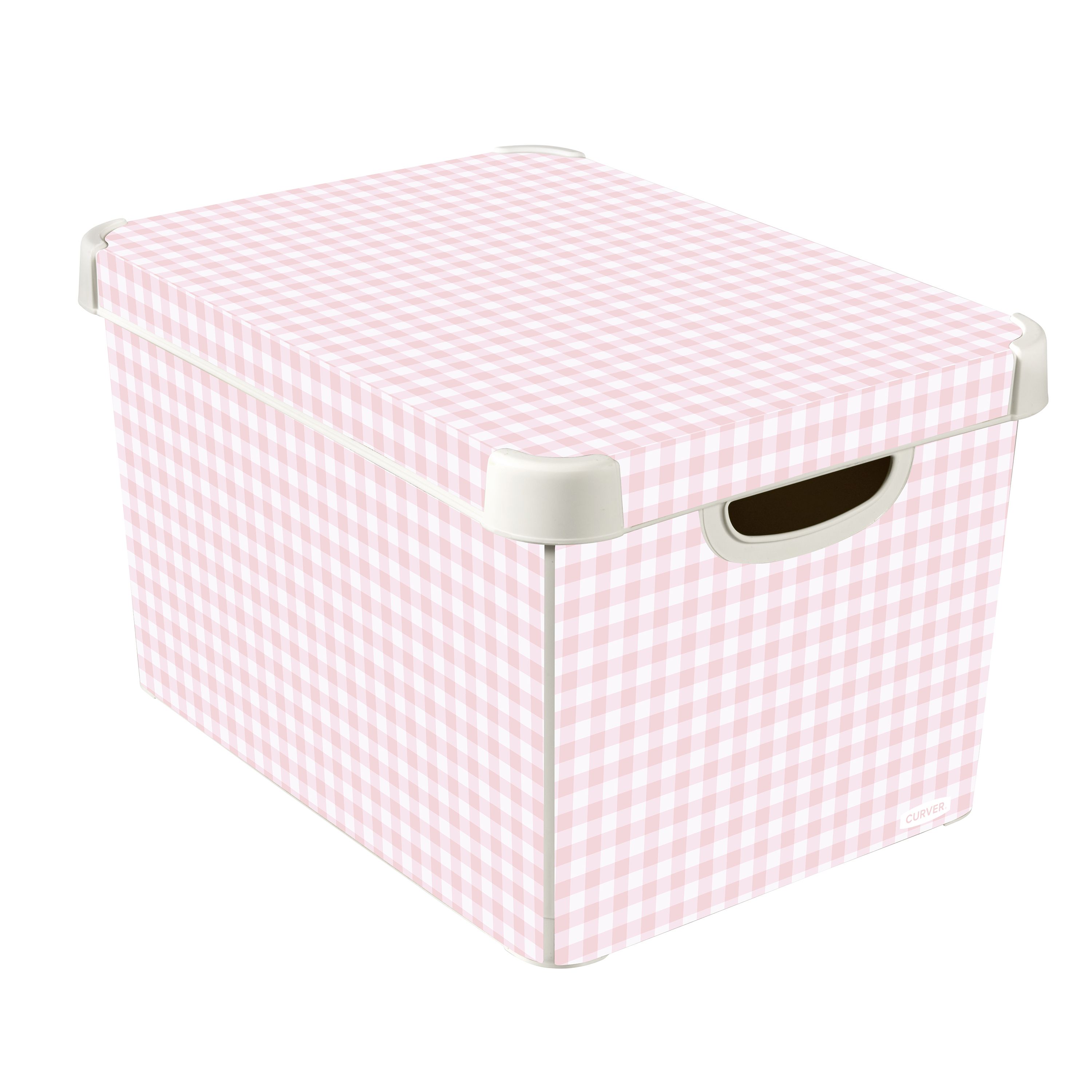 Curver Stockholm Deco Pink White Gingham 22L Large Plastic Stackable Storage box with Lid