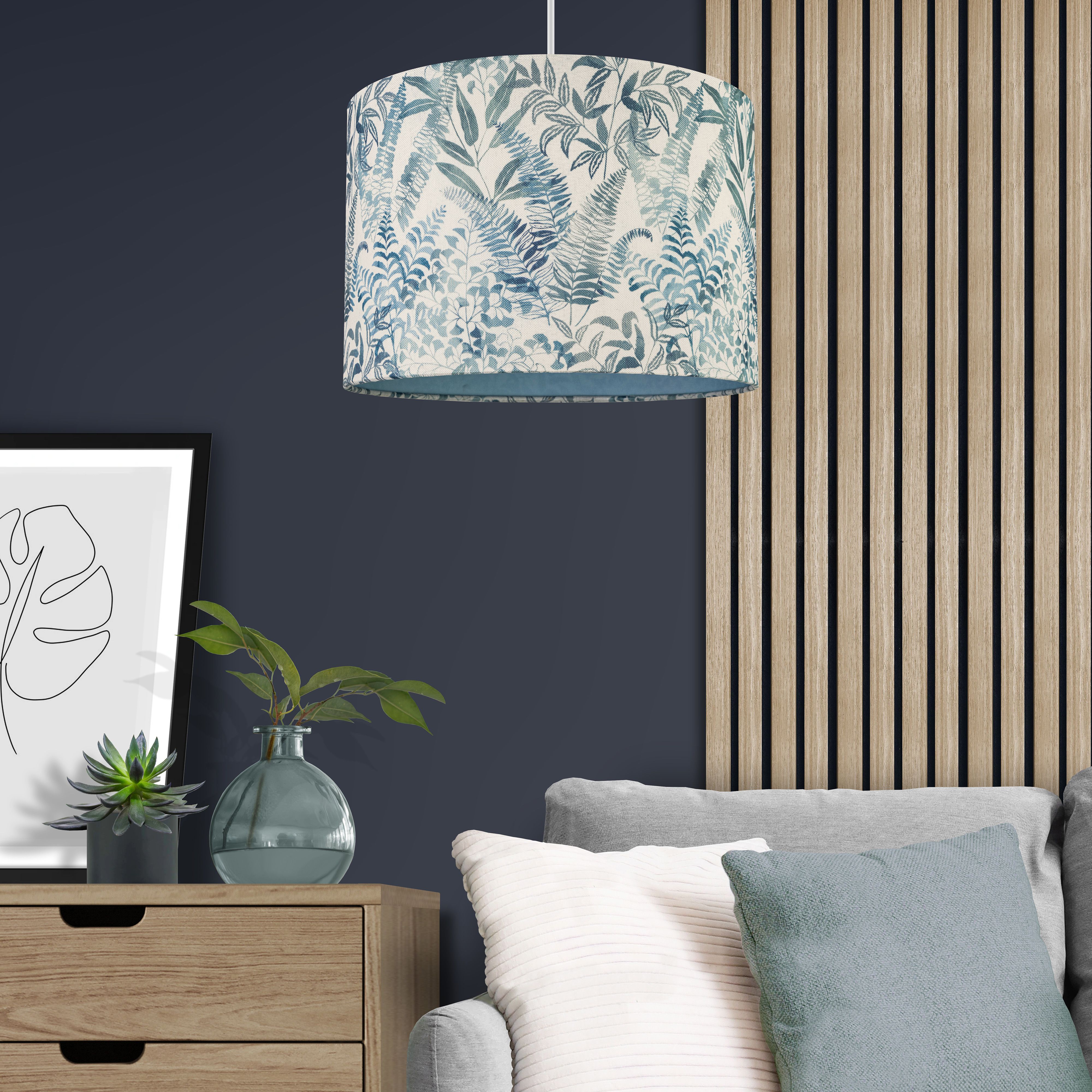 Cyanotype Blue & Cream Leaves Drum Lamp shade (D)30cm