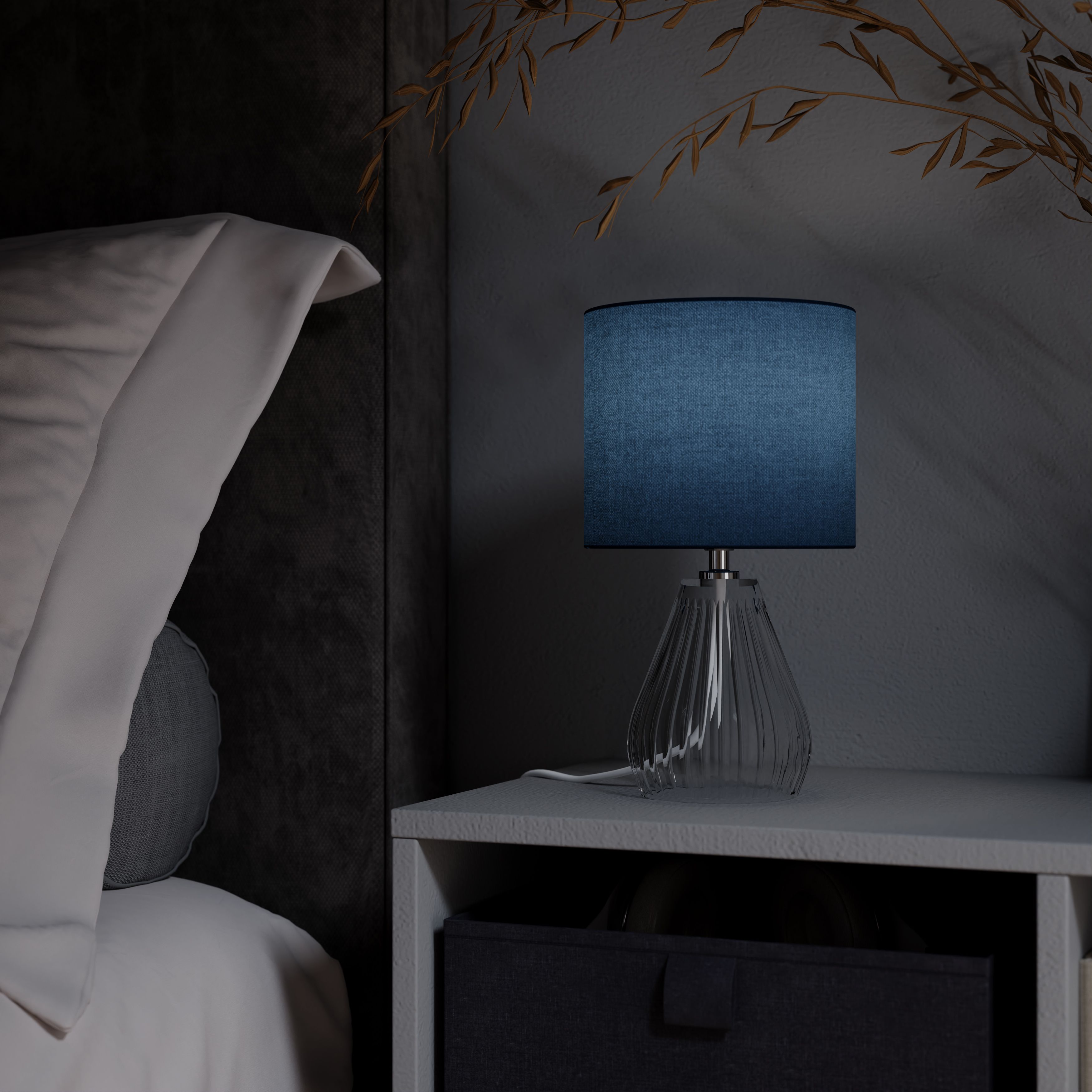 Cylinder Shiny Blue & Clear Glass Fabric LED Table lamp