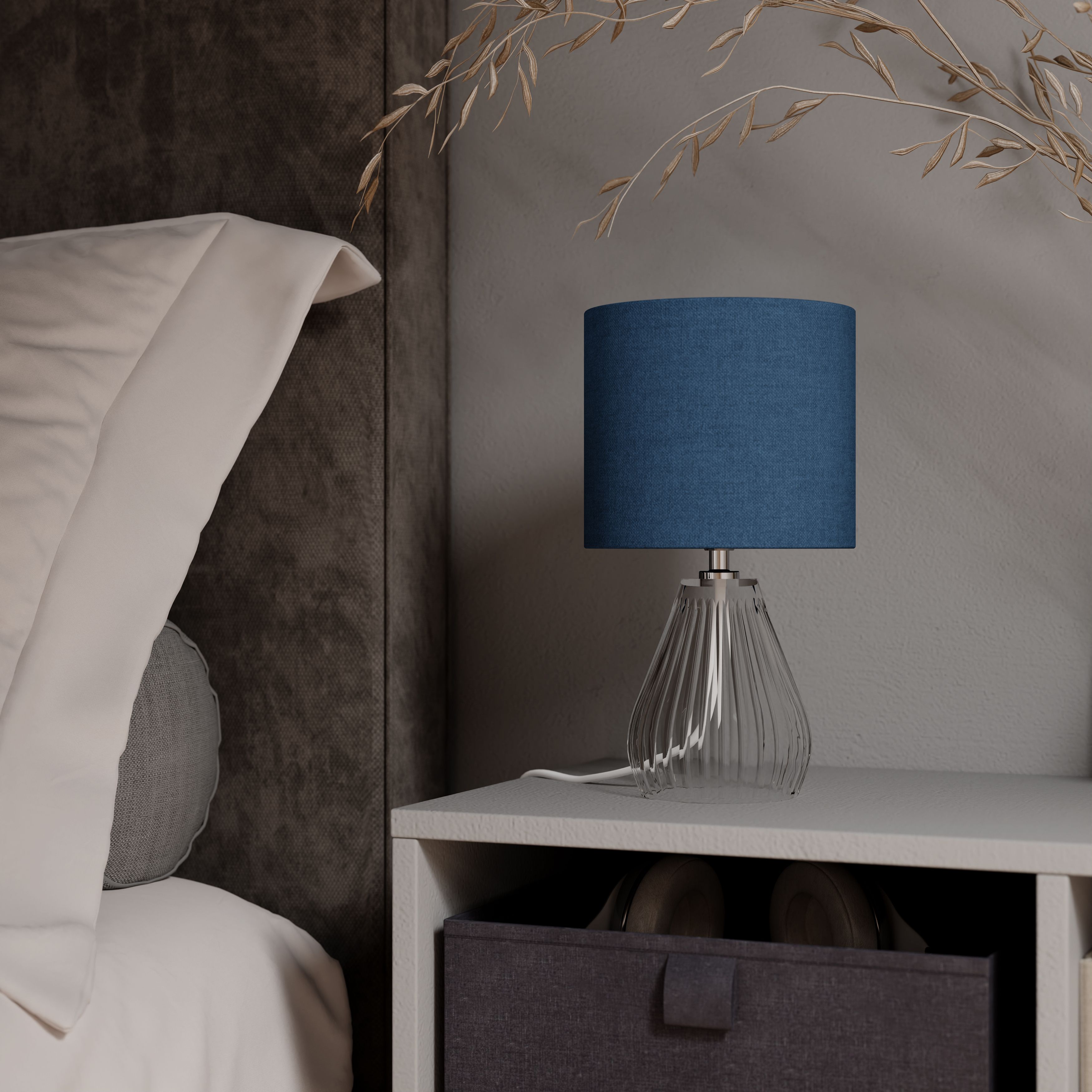 Cylinder Shiny Blue & Clear Glass Fabric LED Table lamp