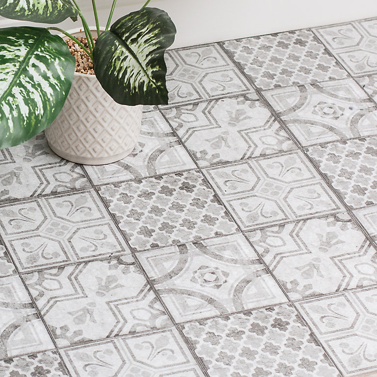 D C Fix Grey White Moroccan Tile, Adhesive Lino Floor Tiles