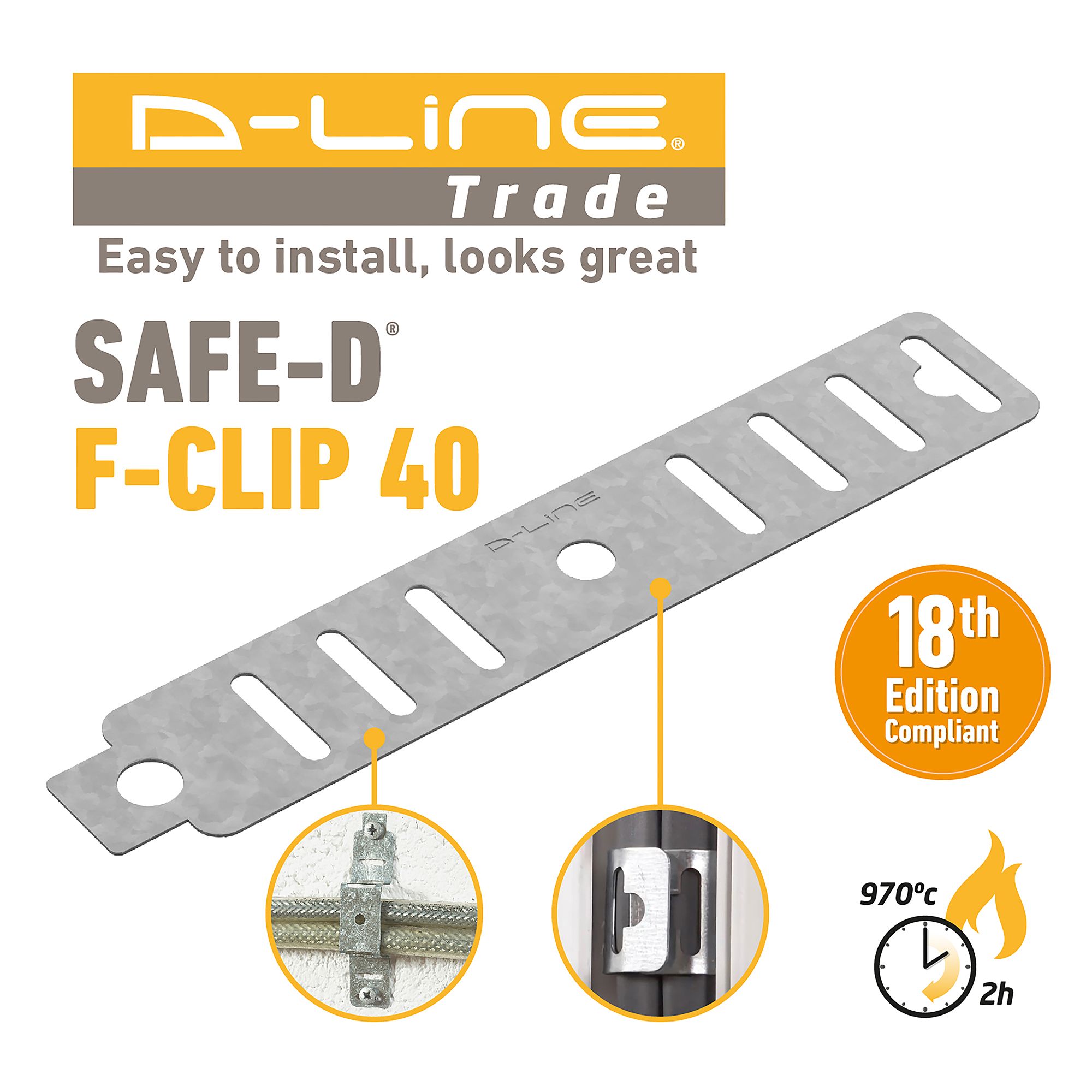 D-Line Steel Flat 20mm Not self-adhesive Fire-rated F-Clip Pack of 20