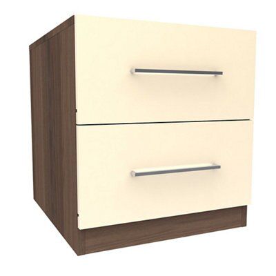 Darwin Gloss cream walnut effect 2 Drawer Bedside chest (H)546mm (W)500mm (D)566mm