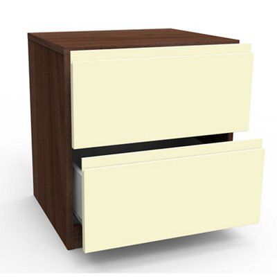 Darwin Gloss cream walnut effect 2 Drawer Bedside chest (H)548mm (W)500mm (D)420mm