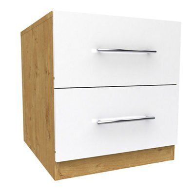 Darwin Gloss white oak effect 2 Drawer Bedside chest (H)546mm (W)500mm (D)566mm