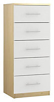 Darwin Gloss white oak effect 5 Drawer Chest of drawers (H)1185mm (W)500mm (D)500mm