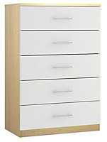Darwin Gloss white oak effect 5 Drawer Chest of drawers (H)1185mm (W)800mm (D)500mm