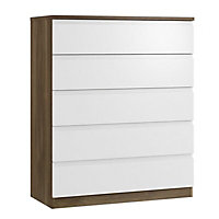 Darwin Gloss white walnut effect MDF & particle board 5 Drawer Chest of drawers (H)1185mm (W)800mm (D)500mm
