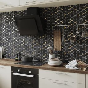 Delicato Black Gloss Natural stone & stainless steel Mosaic tile sheet, (L)306mm (W)332mm