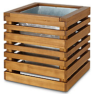 Denia Oiled wood brown Wooden Square Planter with Zinc plant pot 50cm
