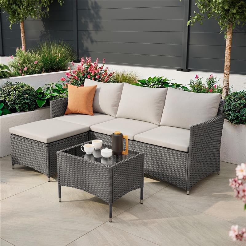 Derry Beige Rattan effect 3 Seater Corner Coffee set