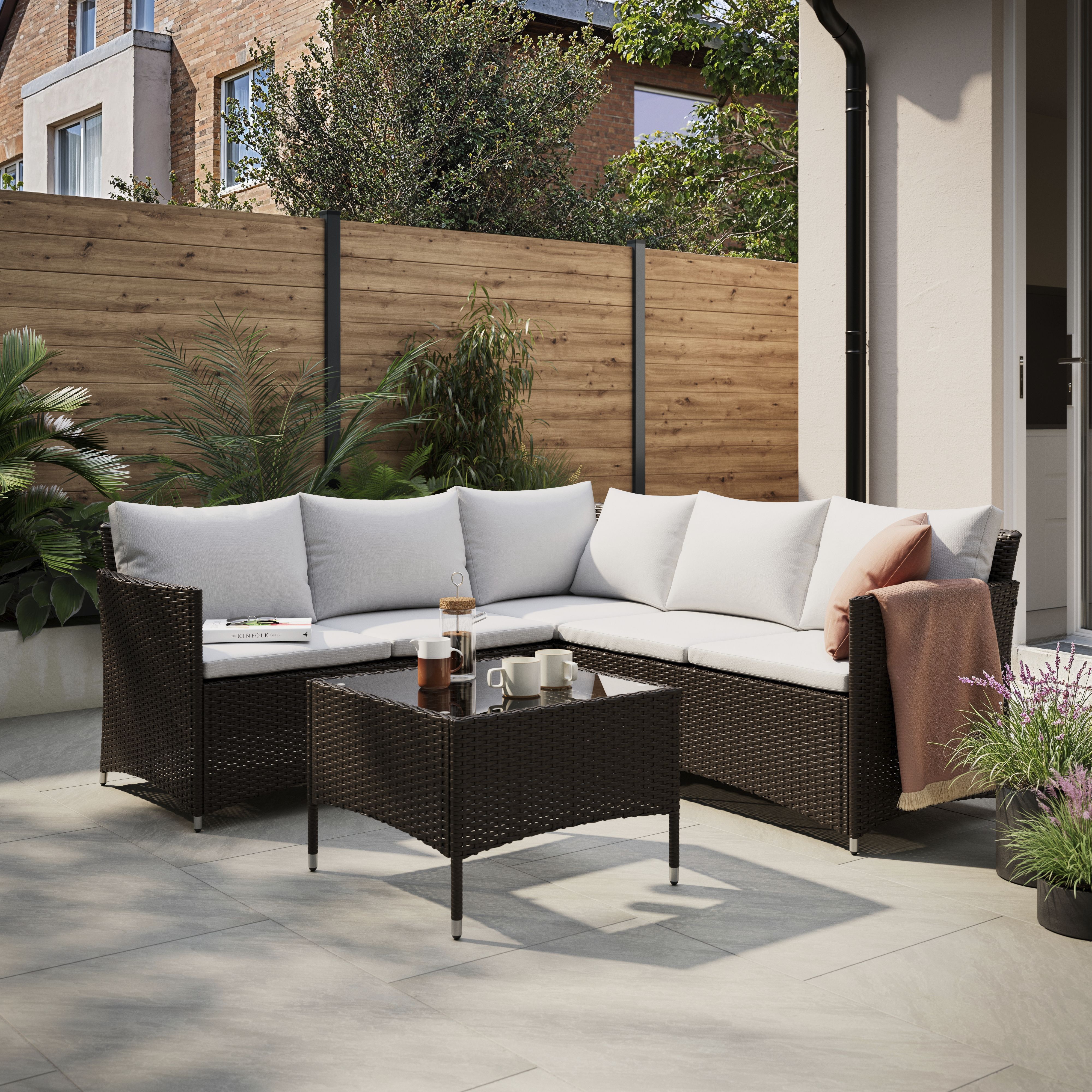 Derry Beige Rattan effect 5 Seater Corner Coffee set