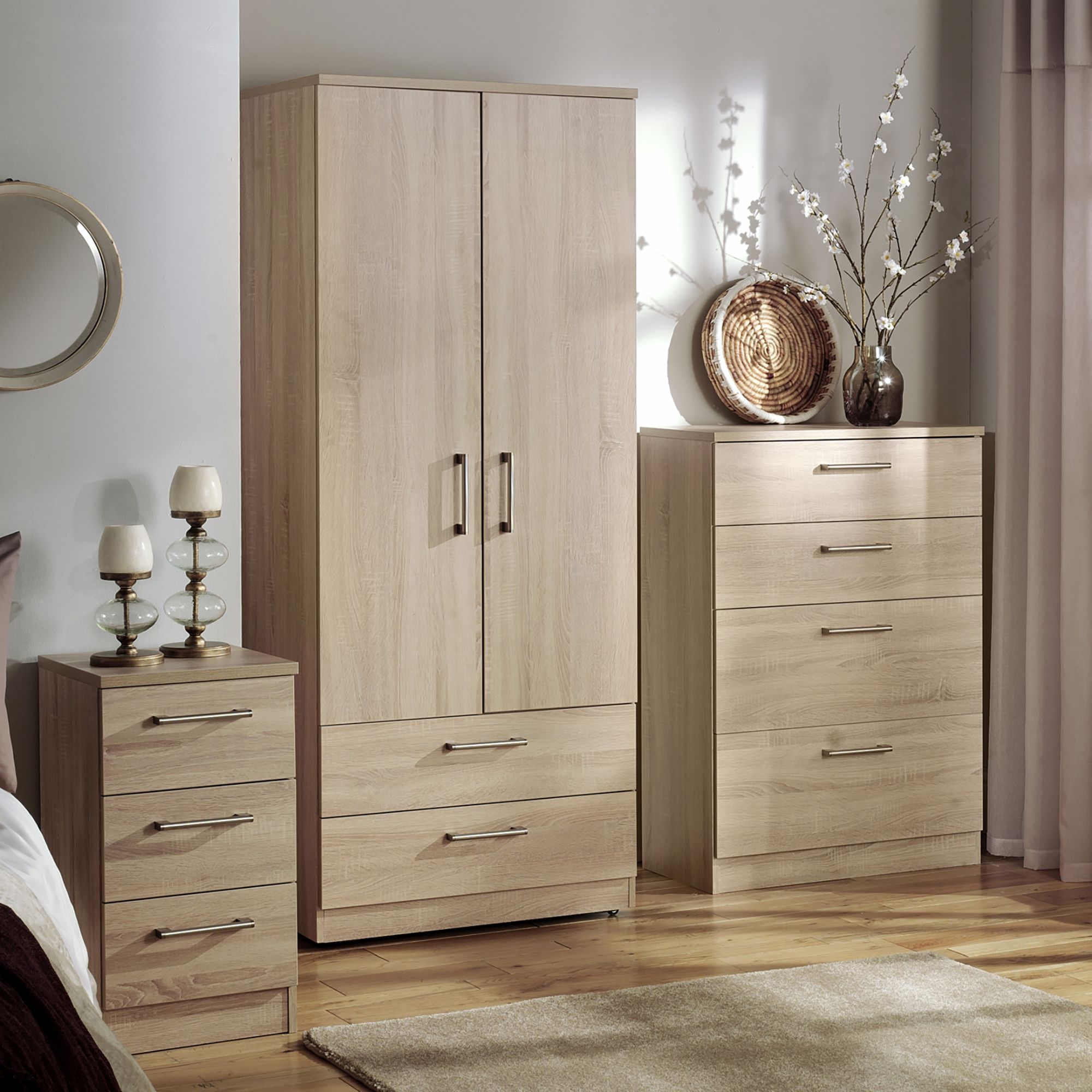 Devon Ready assembled Oak effect 3 Drawer Bedside table (H)695mm (W)395mm (D)415mm