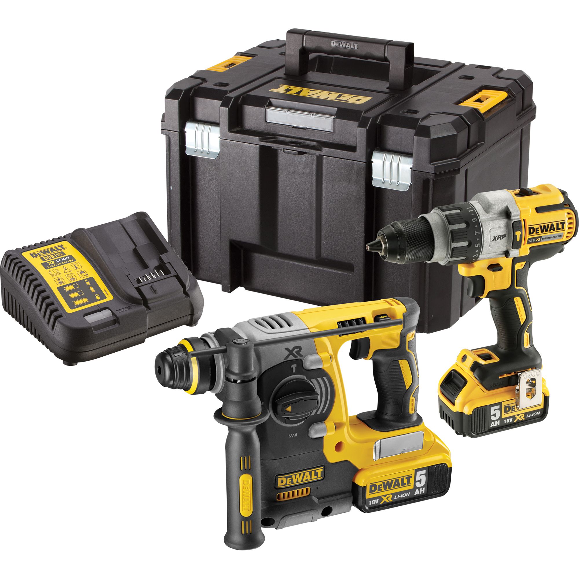 DeWalt 18V Li-ion XR Brushless Cordless Combi drill & SDS+ drill (2 x 5Ah) DCK229P2T-GB