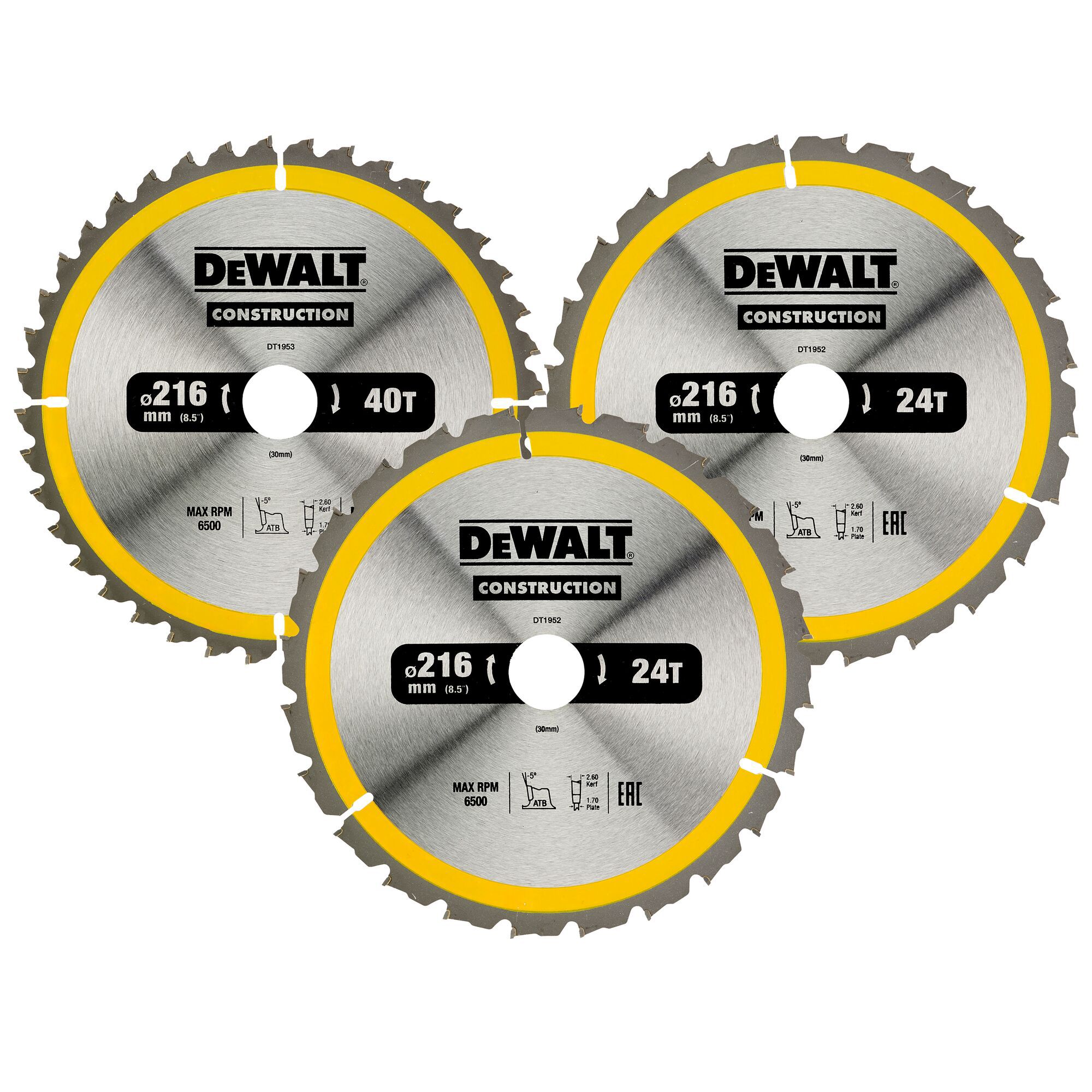 DeWalt Circular saw blade set DT1962-QZ (Dia)216mm, Pack of 3