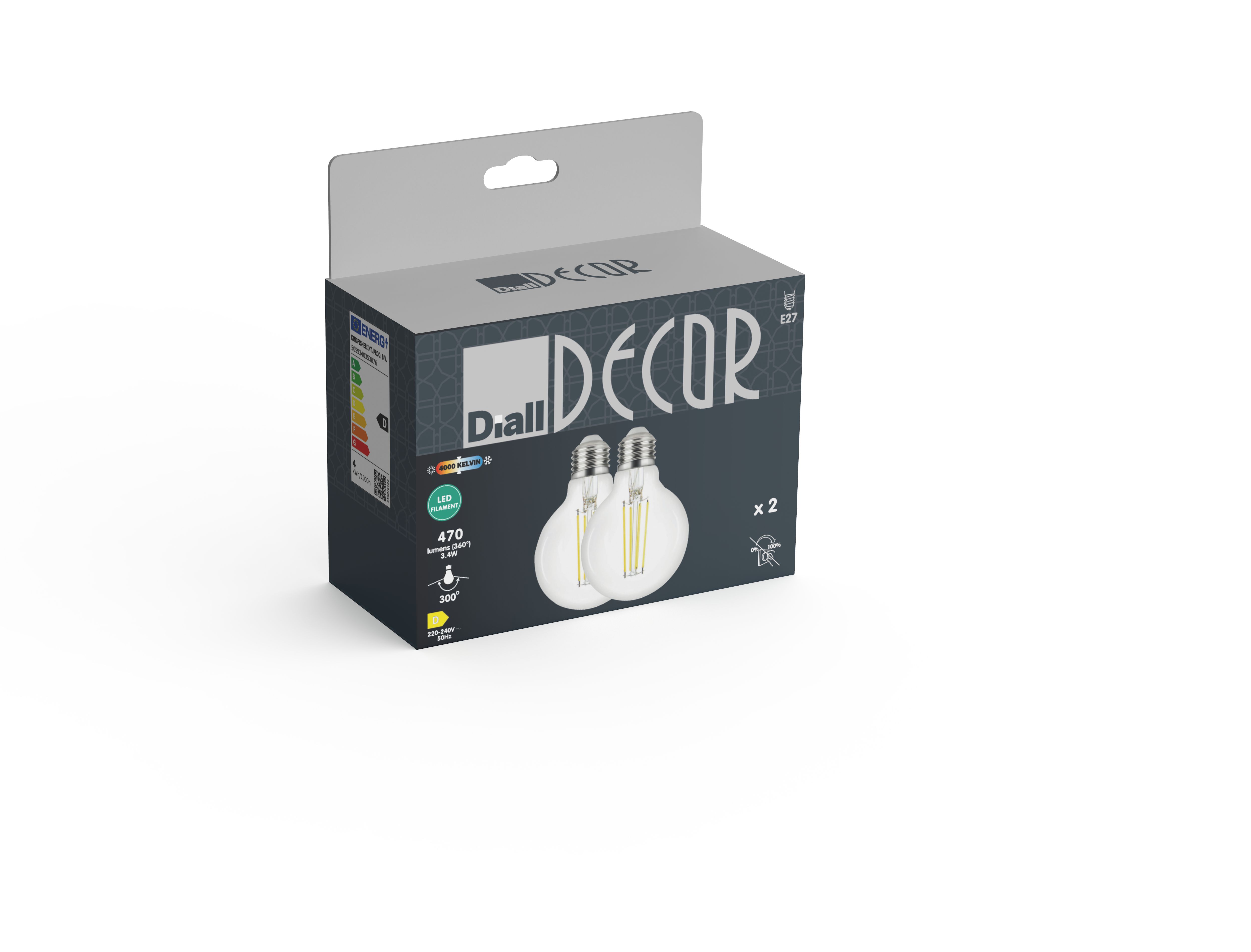 Diall 2.5W 470lm Clear Globe Neutral white LED filament Light bulb, Pack of 2
