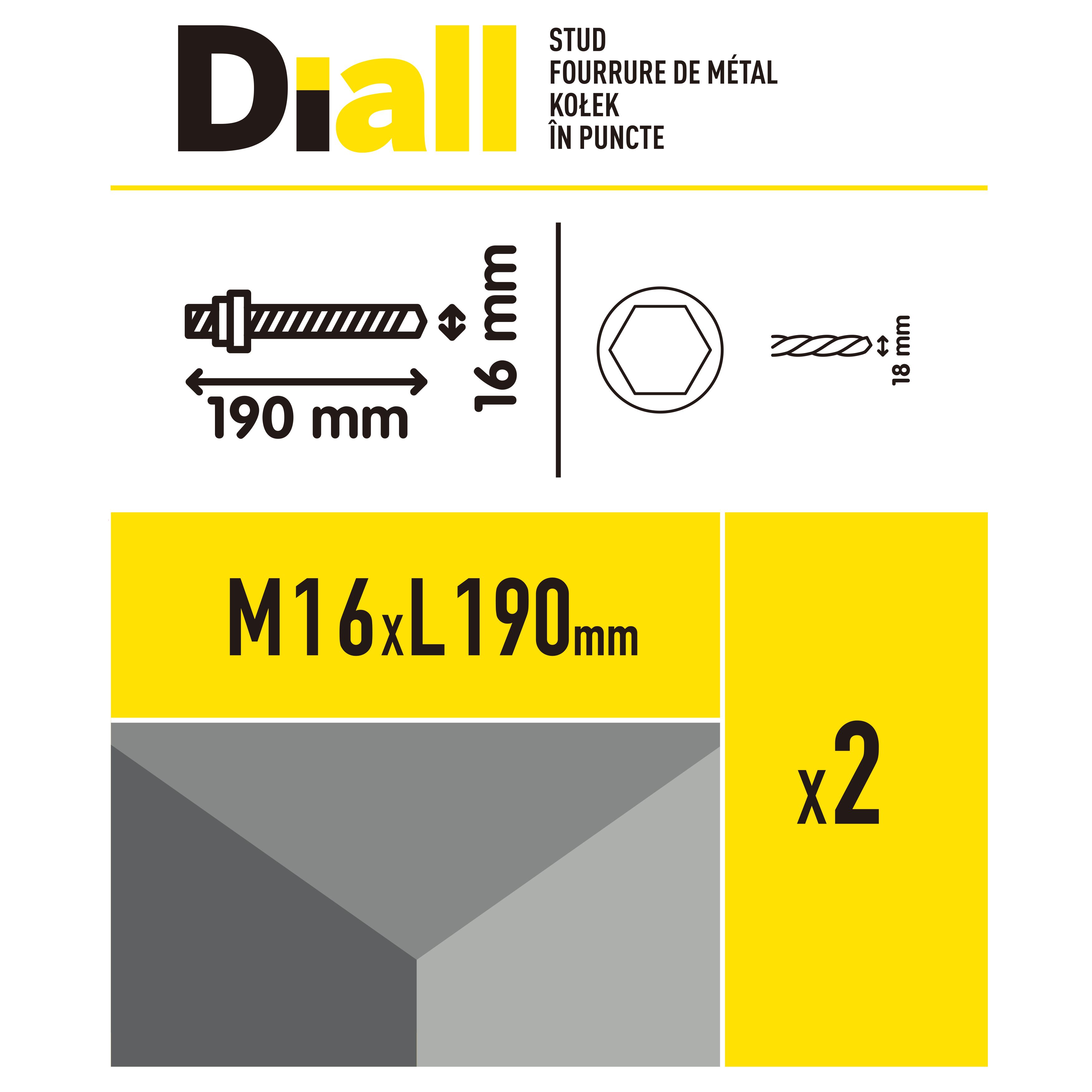 Diall Blue zinc-plated Carbon steel Stud (Dia)16mm (L)190mm, Pack of 2
