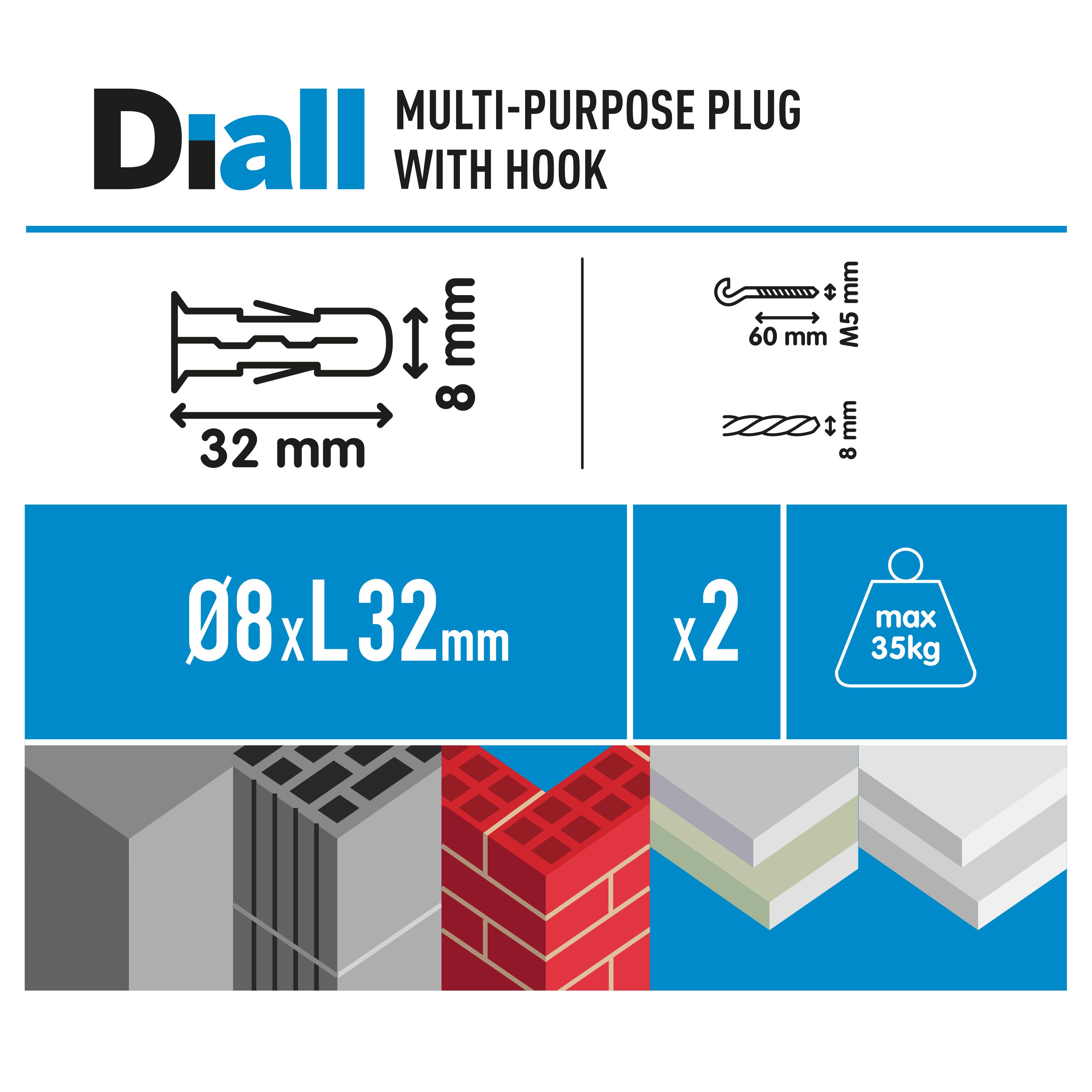 Diall C hook with wall plug (Dia)8mm (L)32mm, Pack of 2