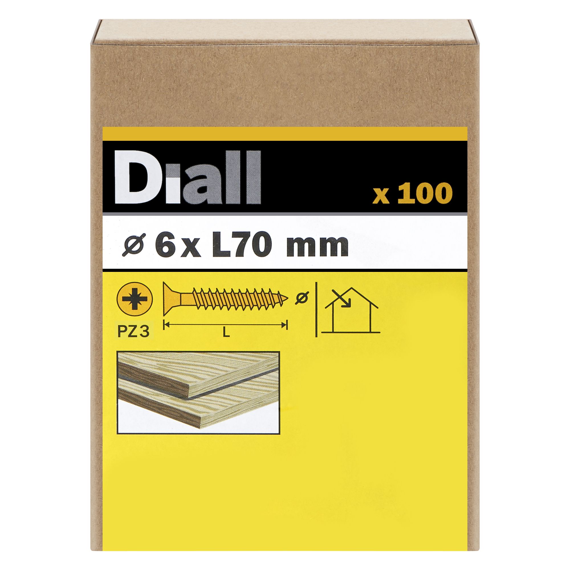Diall Double-countersunk Yellow-passivated Carbon steel Screw (Dia)6mm (L)70mm, Pack of 100