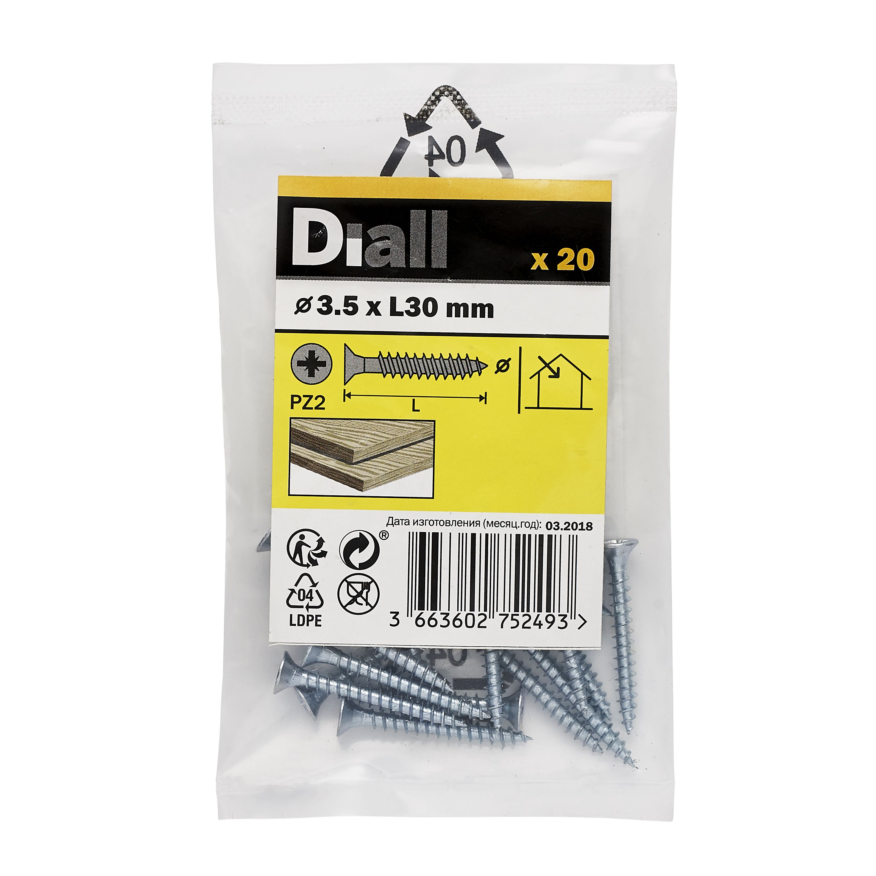 Diall Double-countersunk Zinc-plated Carbon steel Screw (Dia)3.5mm (L)30mm, Pack of 20