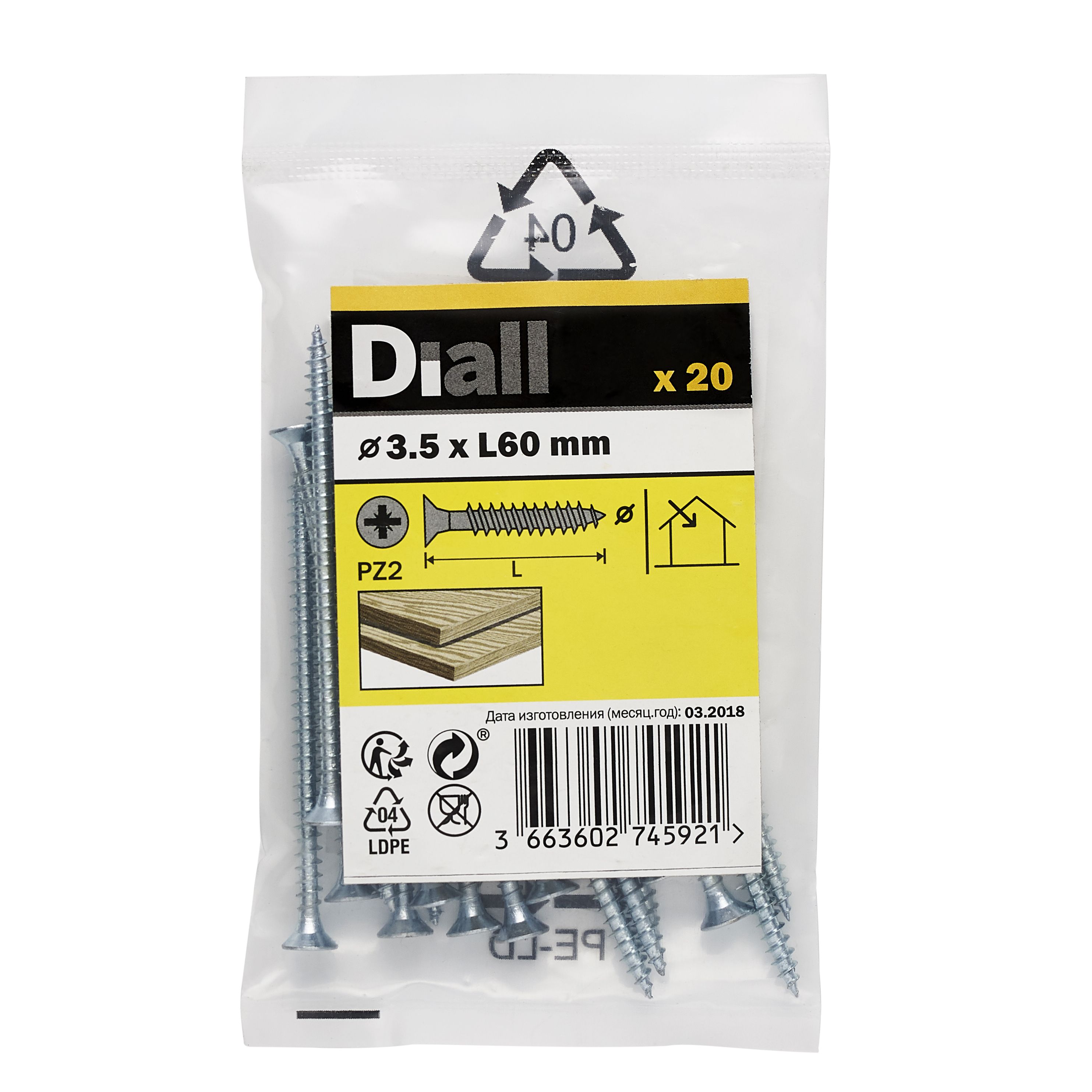Diall Double-countersunk Zinc-plated Carbon steel Screw (Dia)3.5mm (L)60mm, Pack of 20