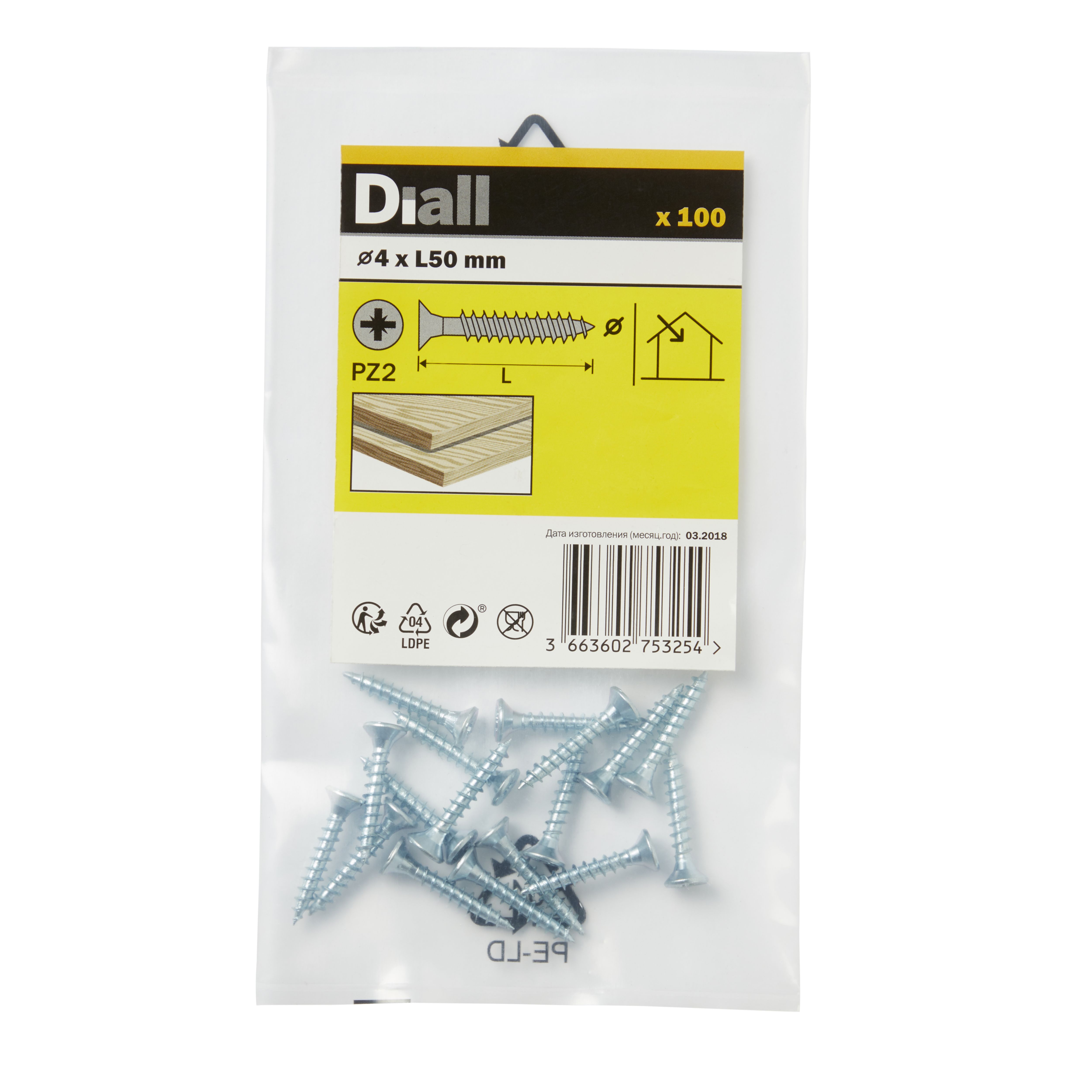 Diall Double-countersunk Zinc-plated Carbon steel Screw (Dia)4mm (L)50mm, Pack of 100