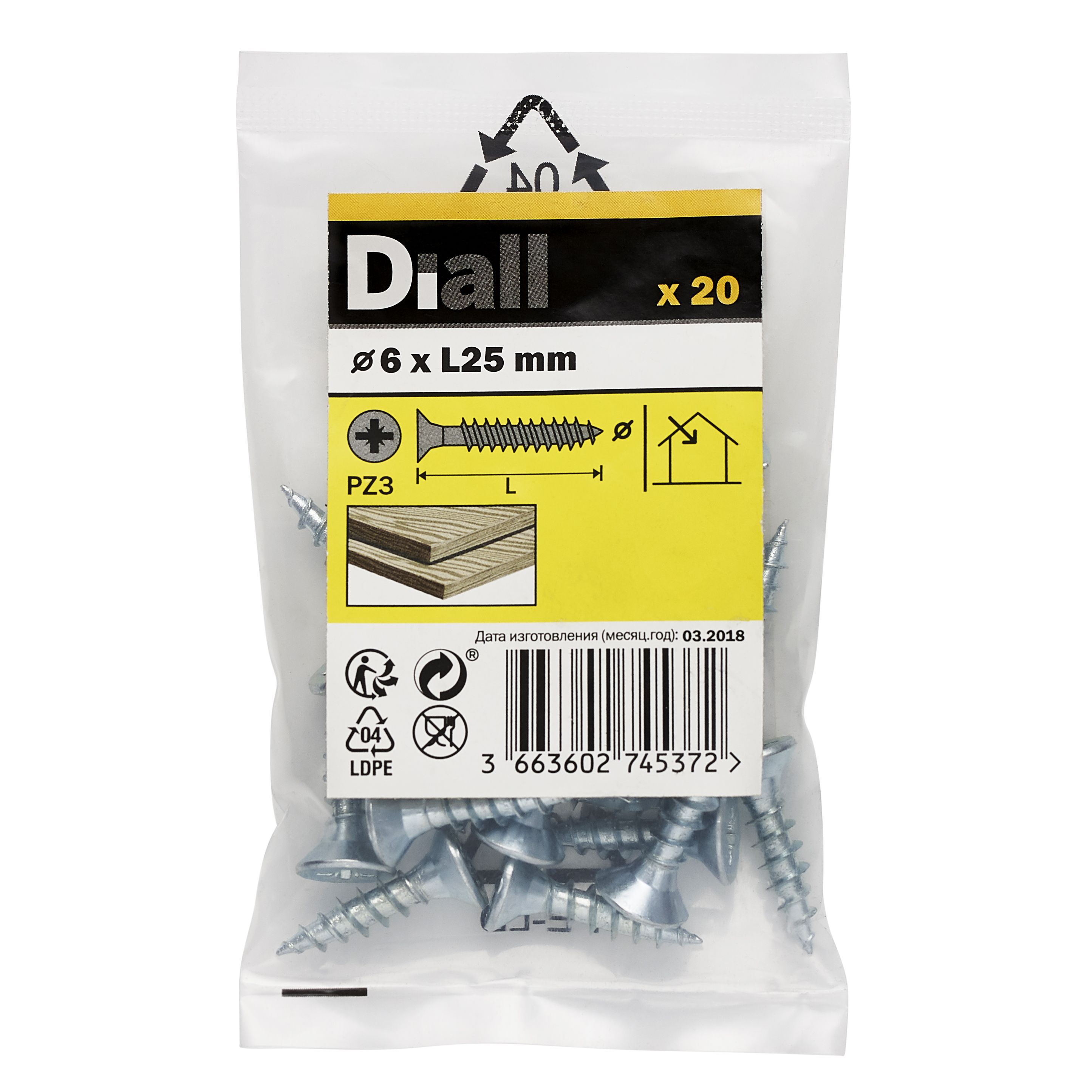 Diall Double-countersunk Zinc-plated Carbon steel Screw (Dia)6mm (L)25mm, Pack of 20