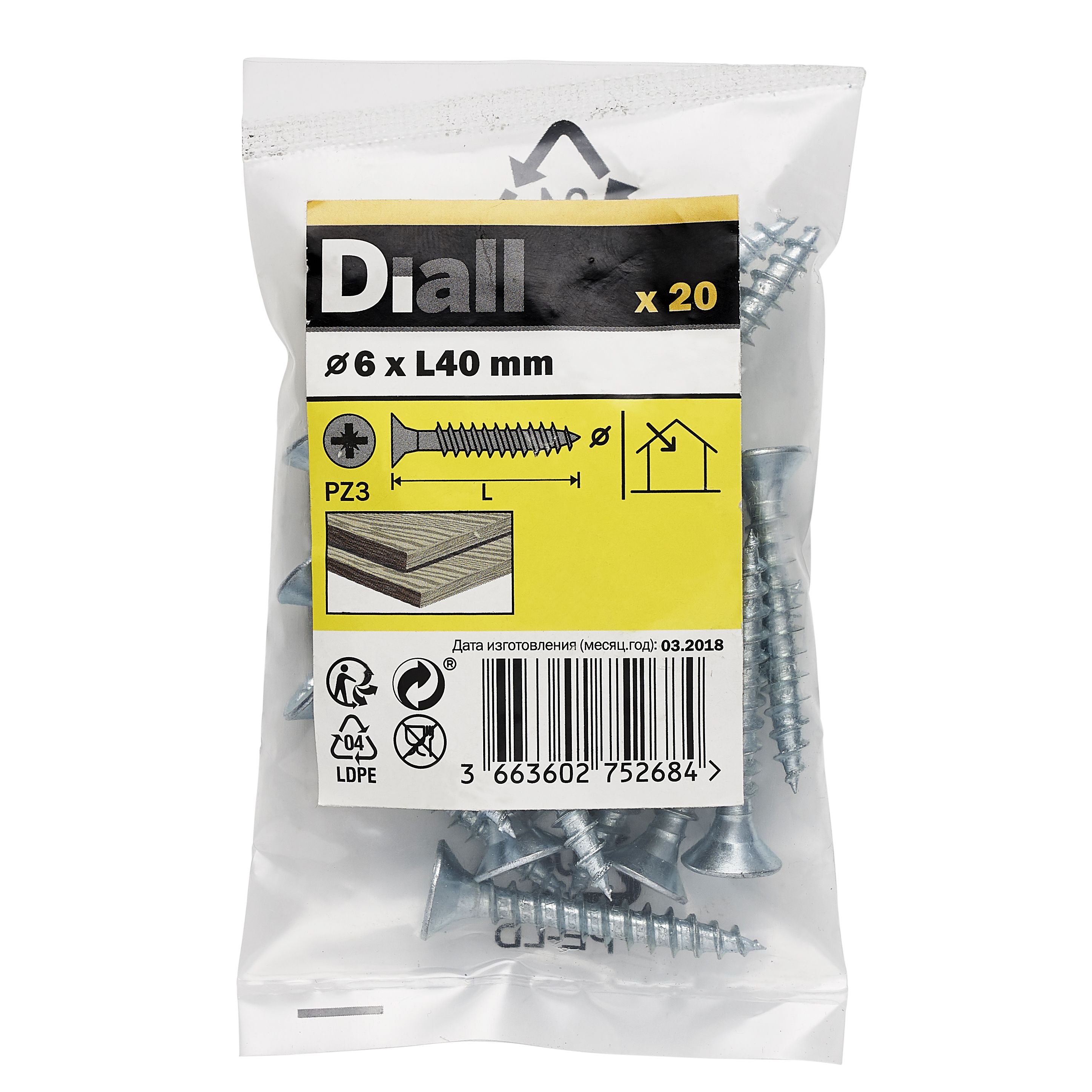 Diall Double-countersunk Zinc-plated Carbon steel Screw (Dia)6mm (L)40mm, Pack of 20