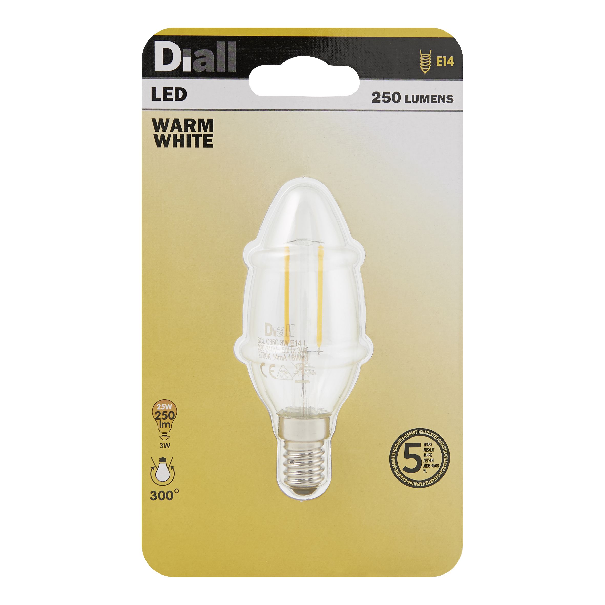 Diall E14 3W 250lm Candle Warm white LED Light bulb